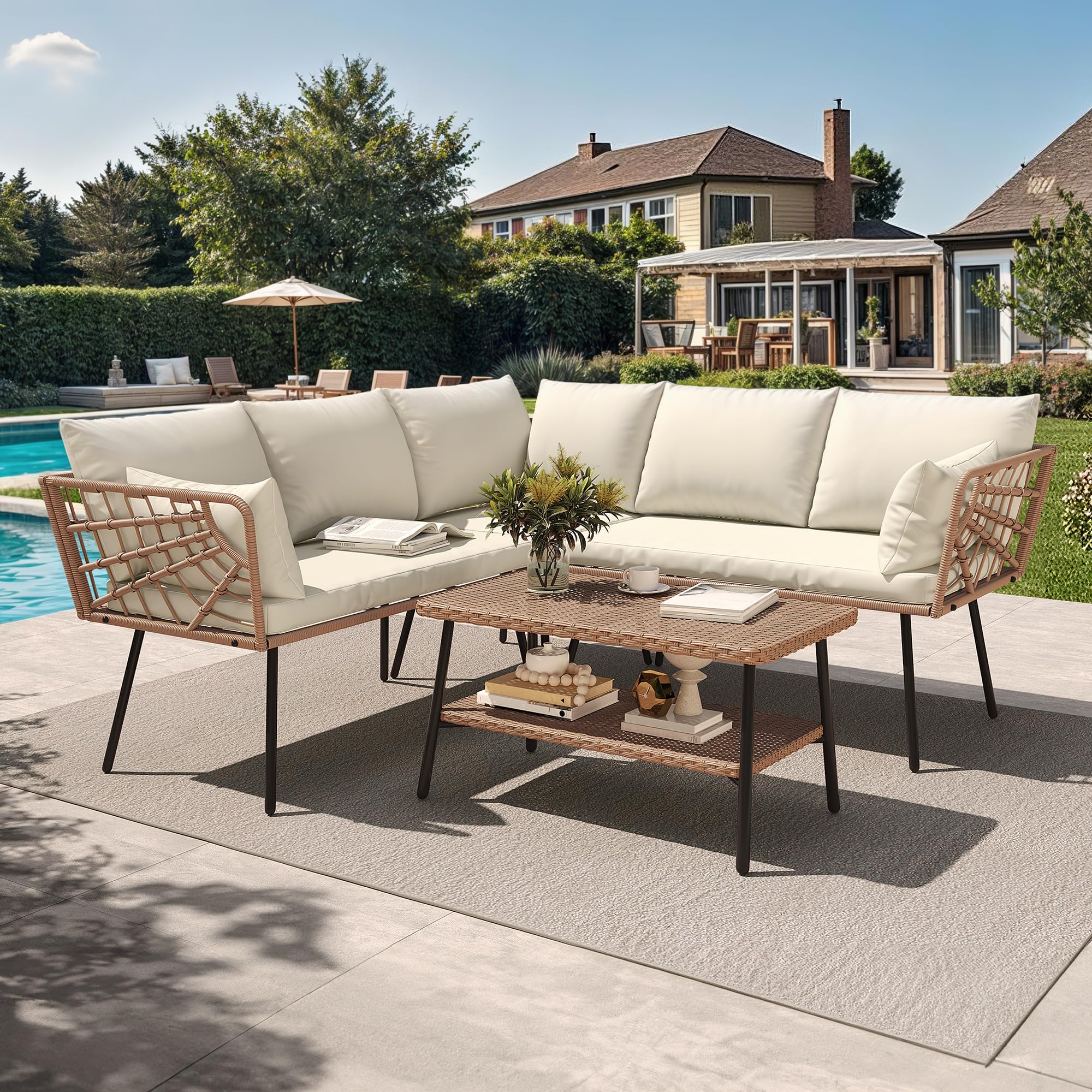 L-Shape Outdoor Patio Furniture Set with Coffee Table