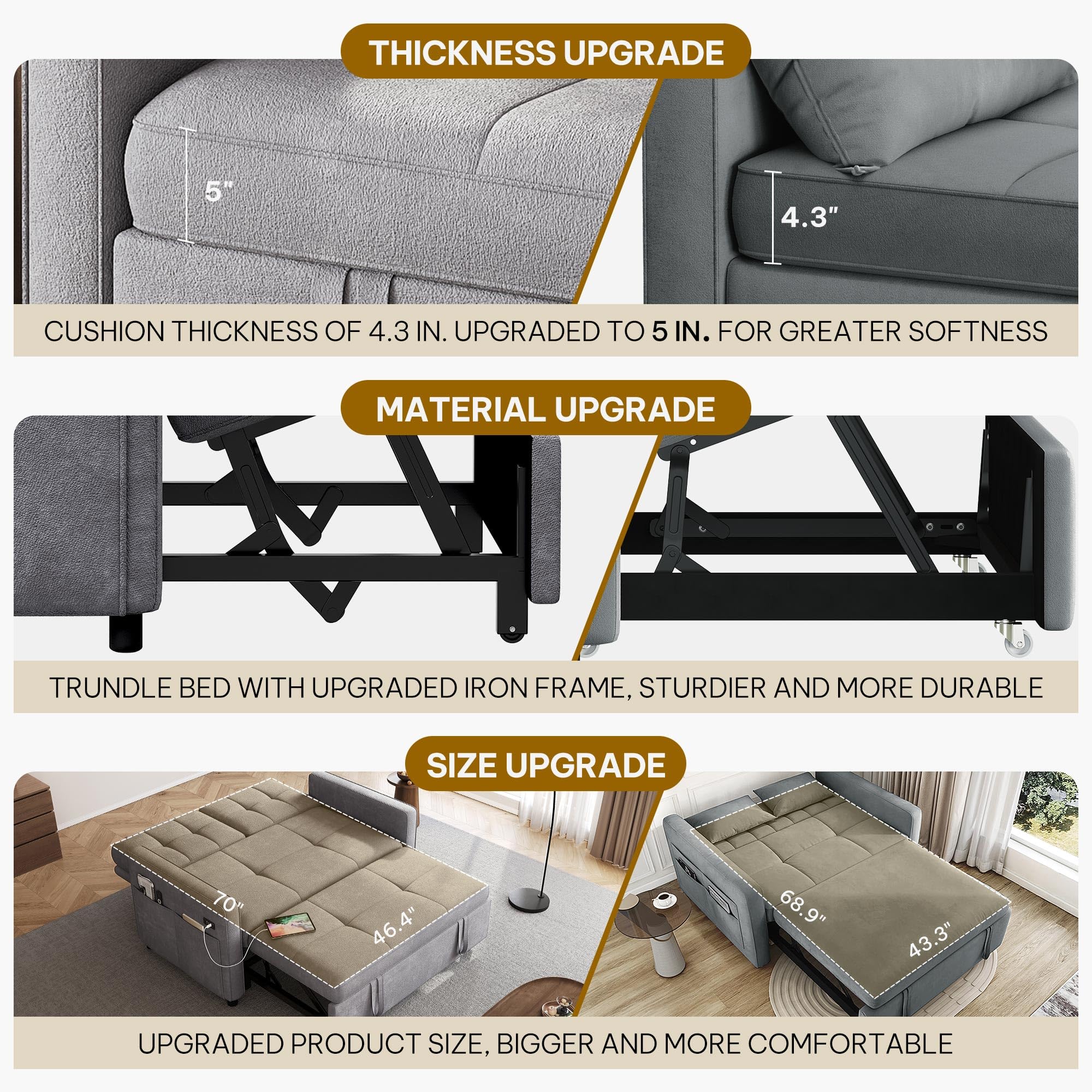 55" Convertible Sleeper Sofa with Pull-Out Bed