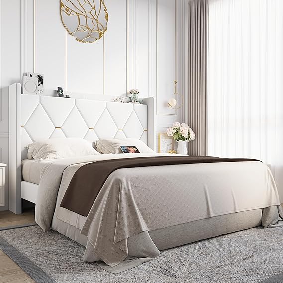 Queen Upholstered Platform Bed with Charging Station