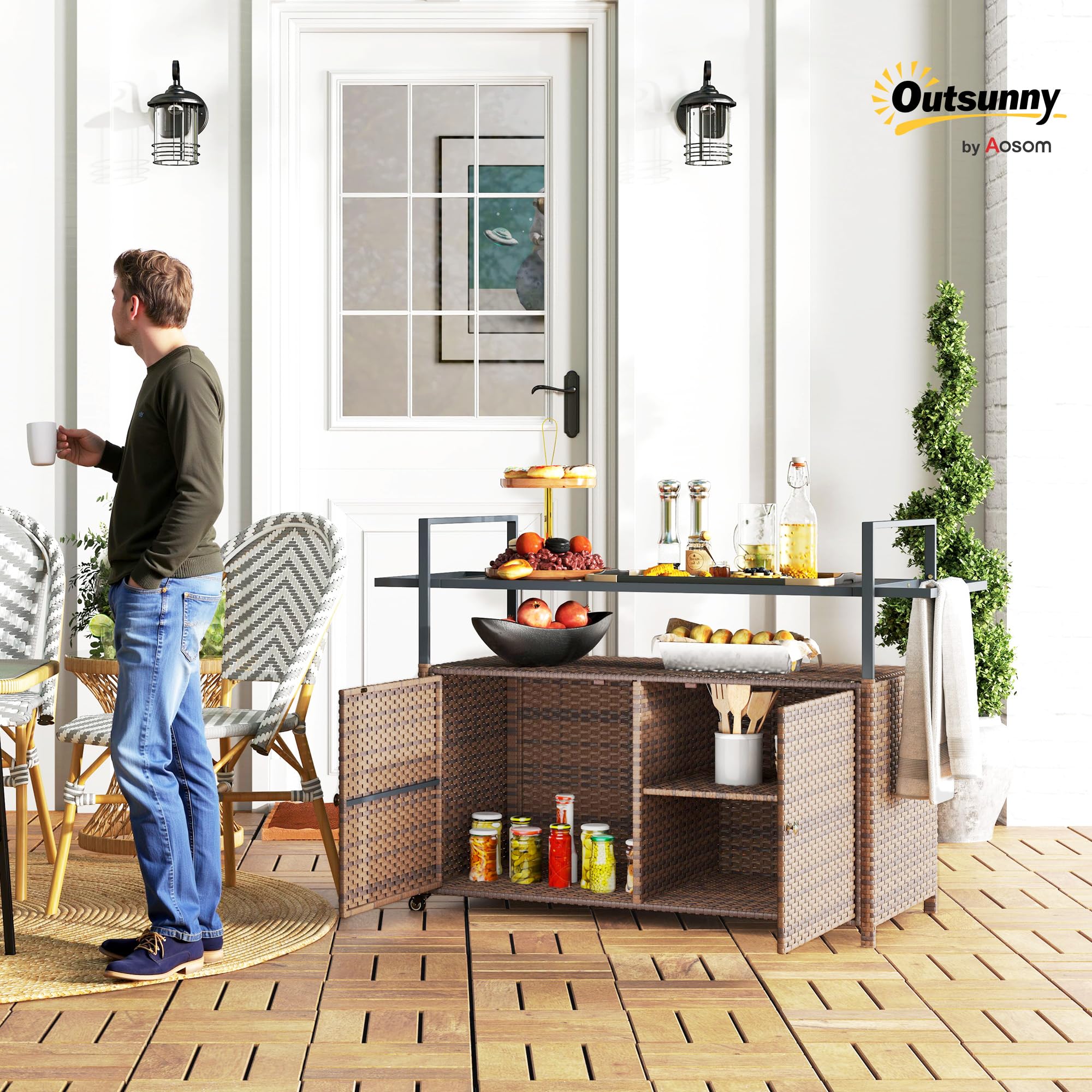 PE Rattan Outdoor Storage Cabinet with Wheels & Glass Top