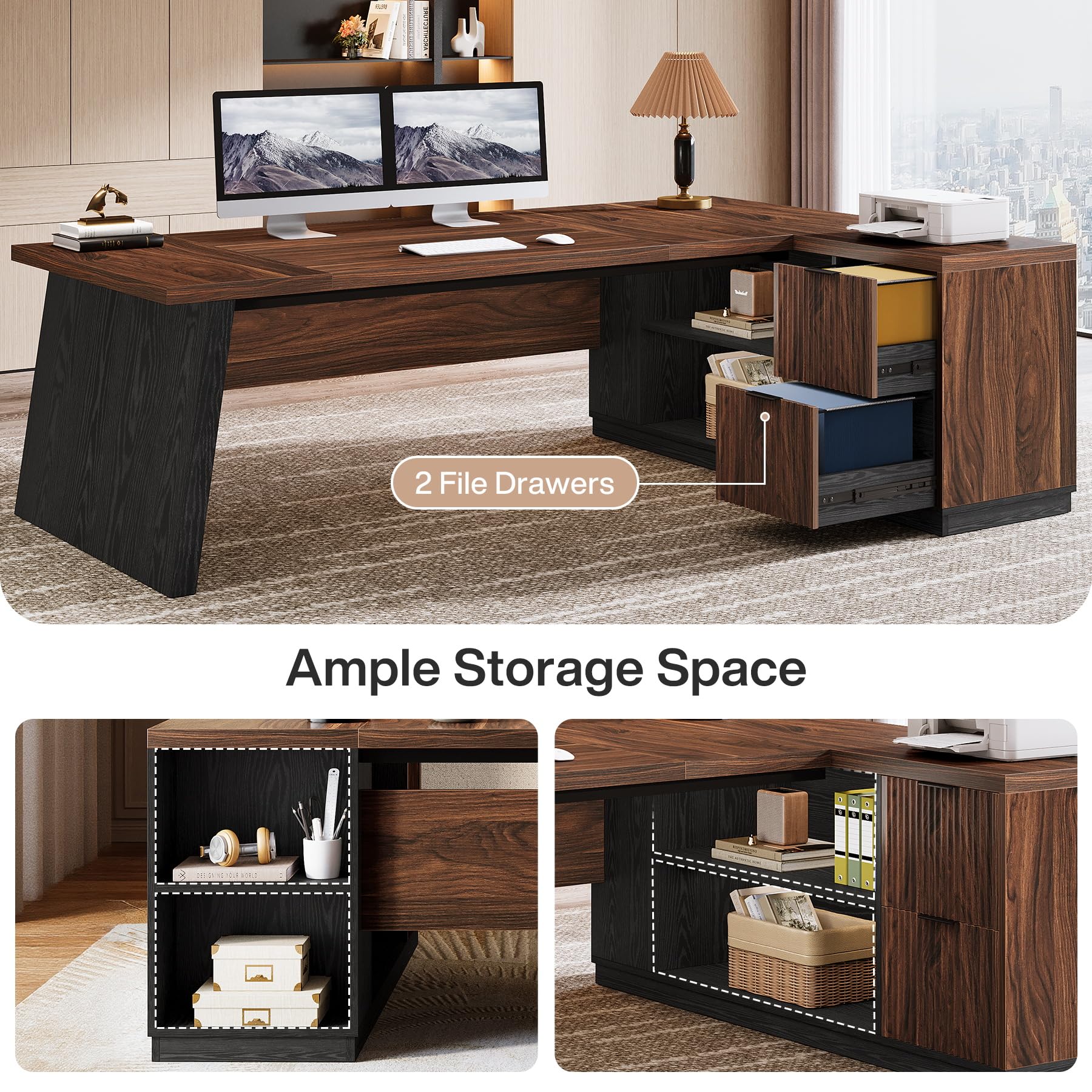 78" L-Shaped Executive Desk with Drawers and Storage Shelves