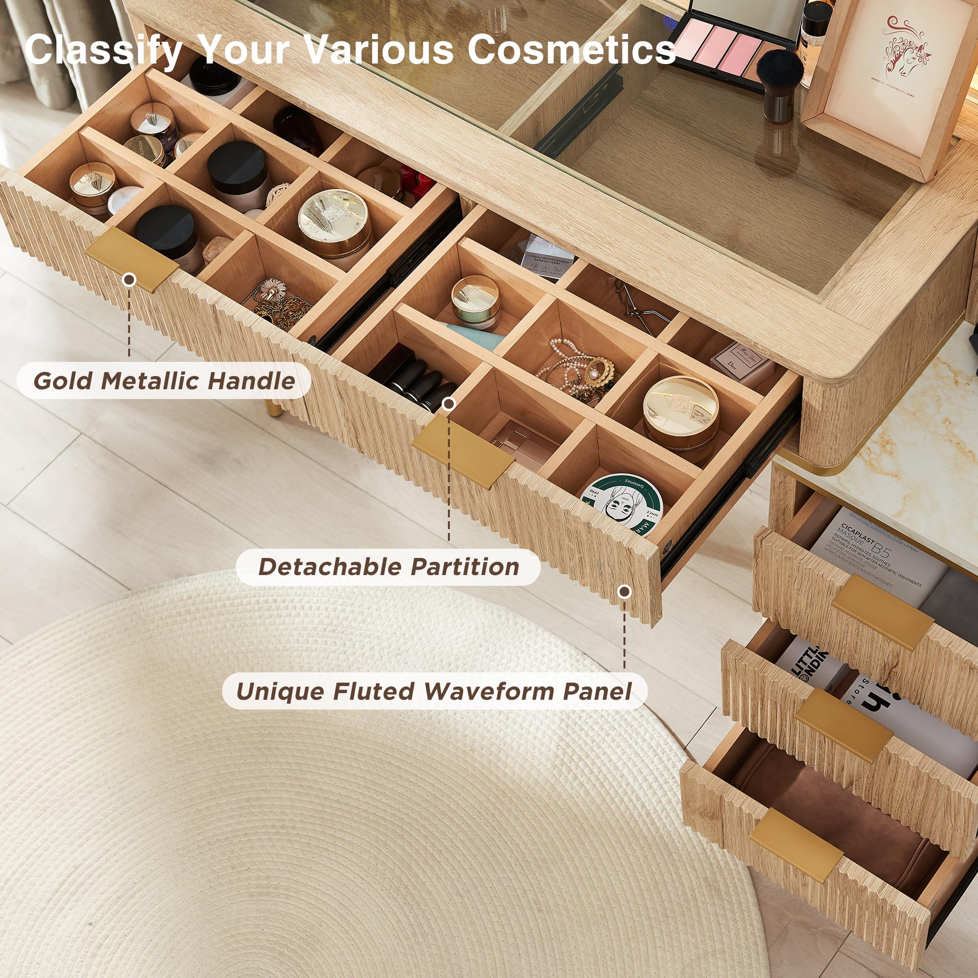 Fluted Makeup Vanity Desk with HD Lighted Mirror and Storage