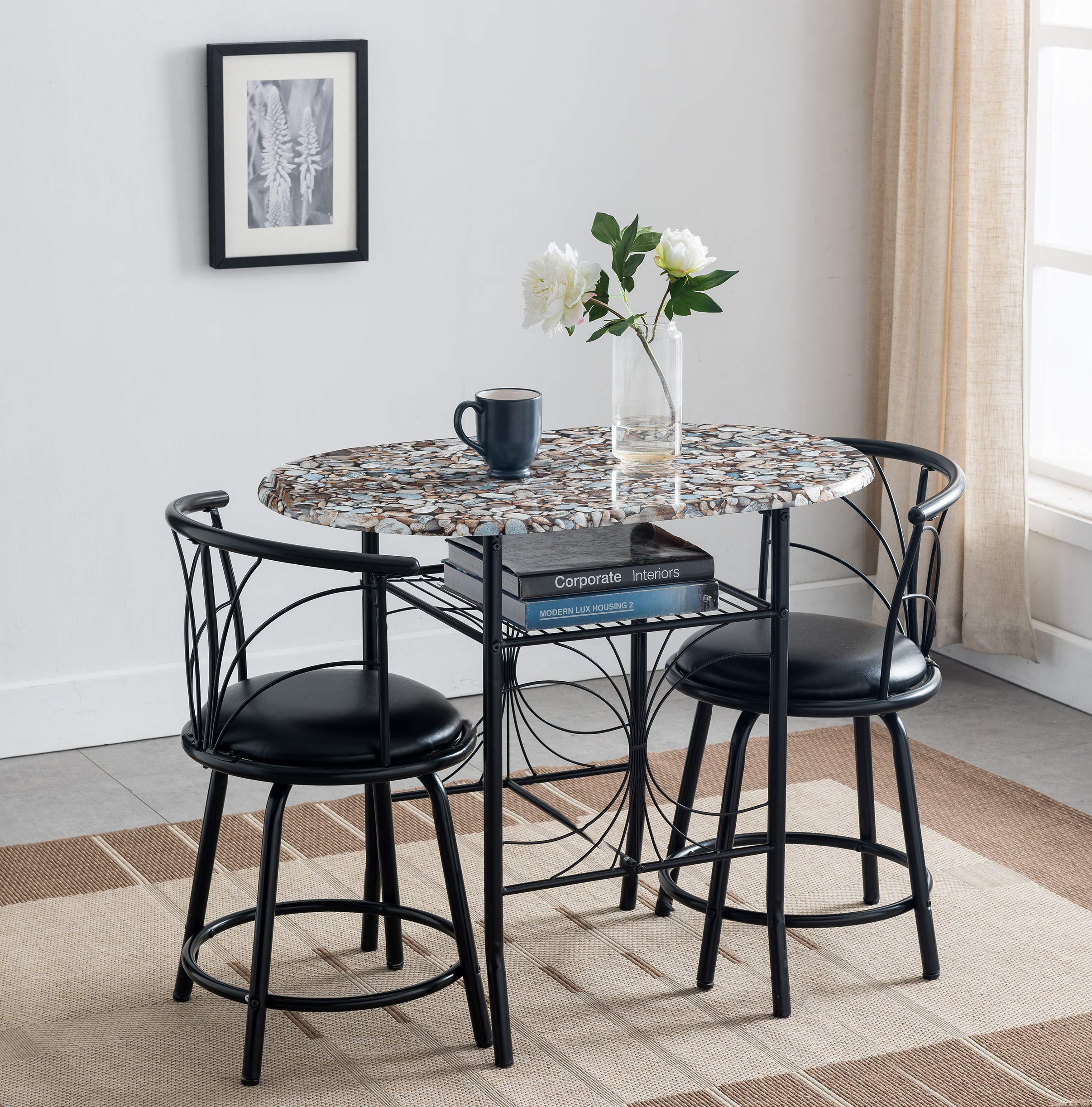 3-Piece Faux Marble Pub Dining Set with Storage