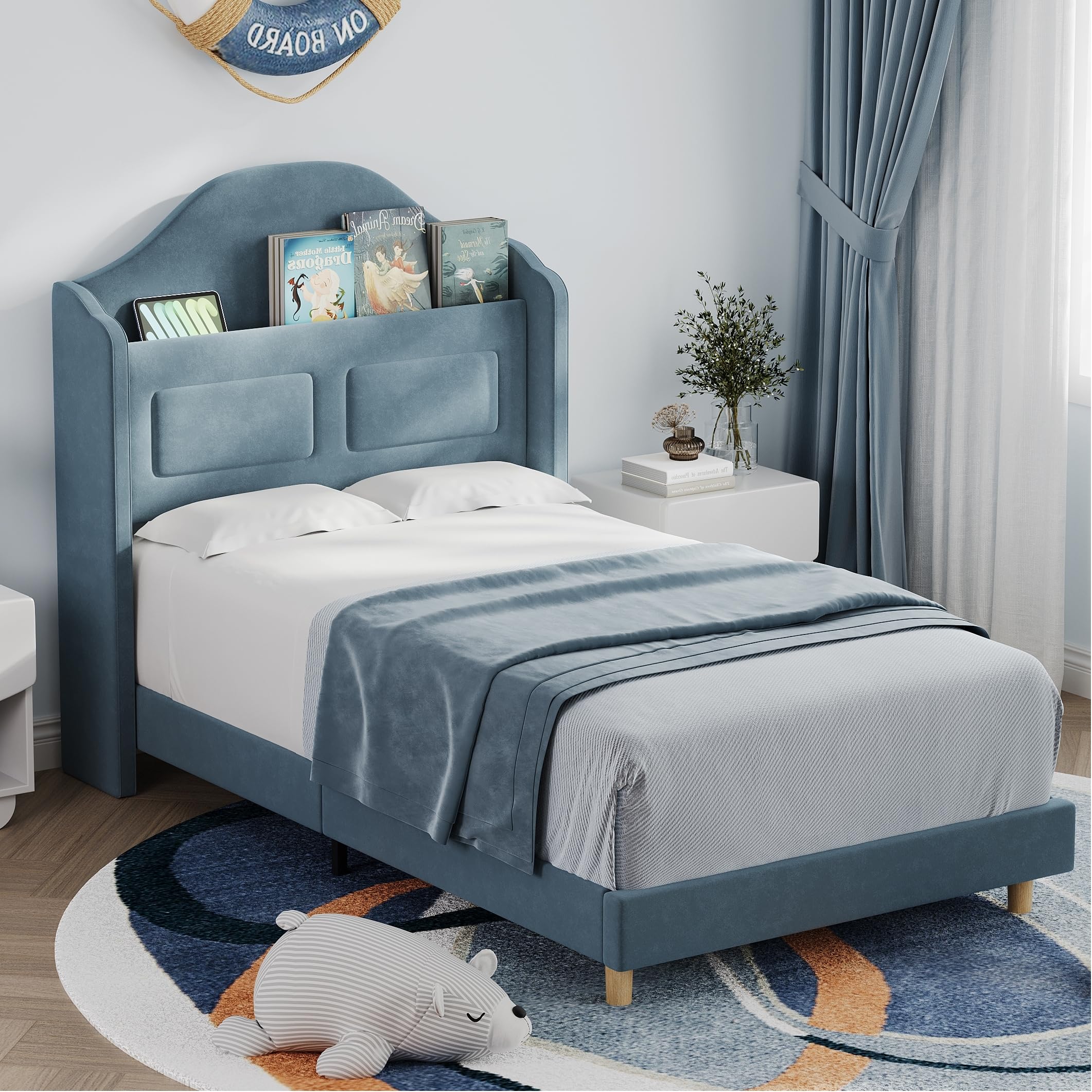 Twin LED Platform Bed with Storage Headboard