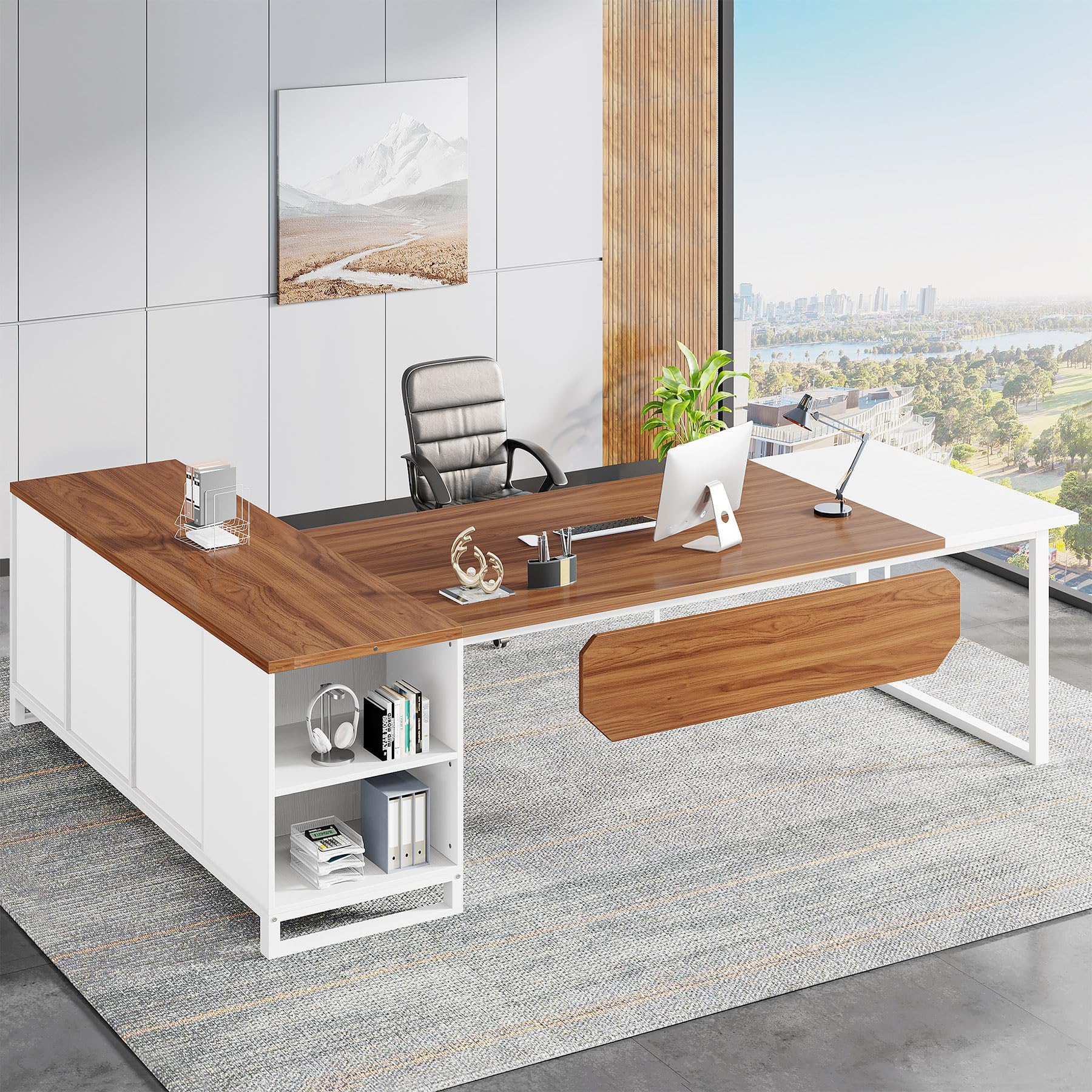 70.8" L-Shaped Executive Desk with File Cabinet