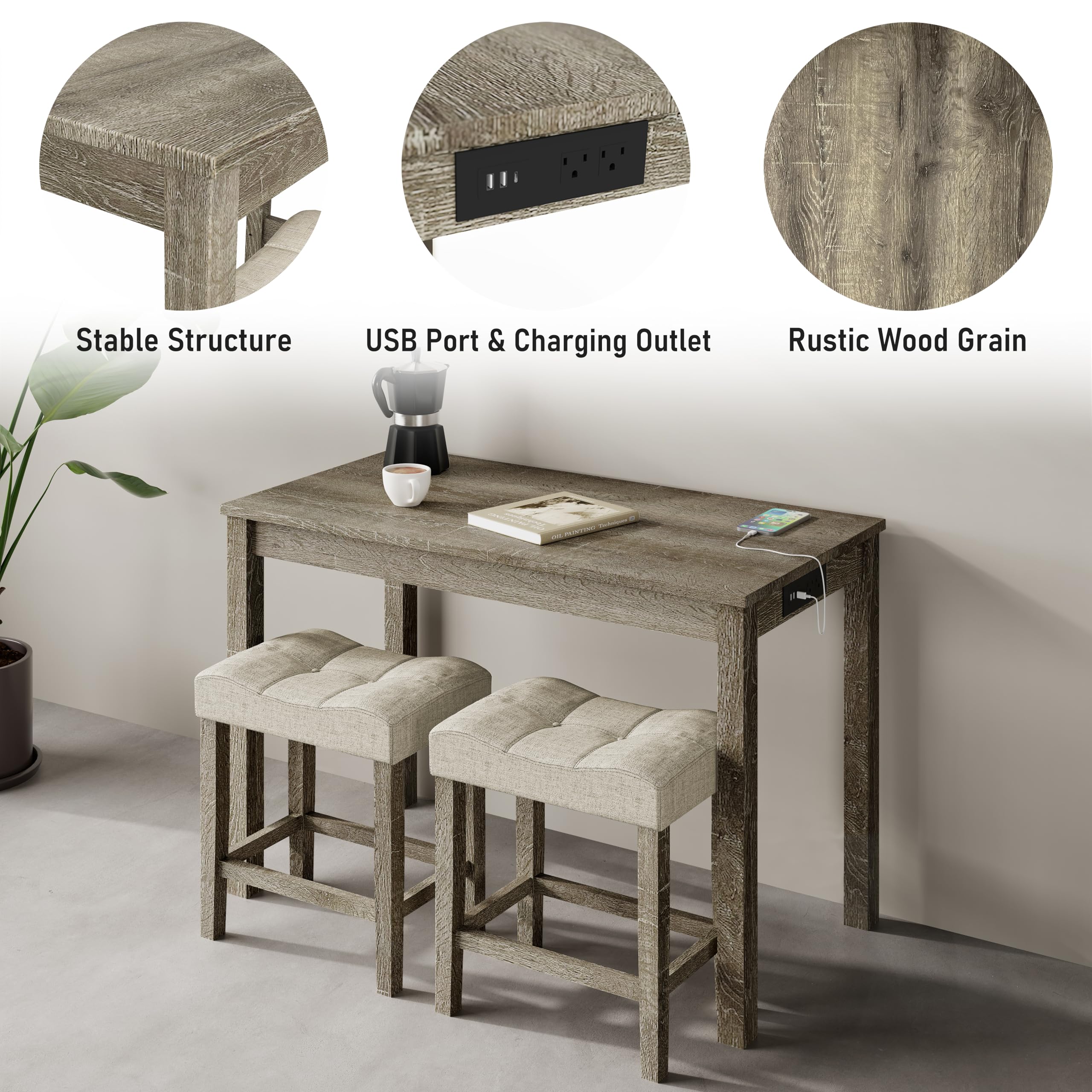 3-Piece Counter Height Bar Table Set with USB Charging
