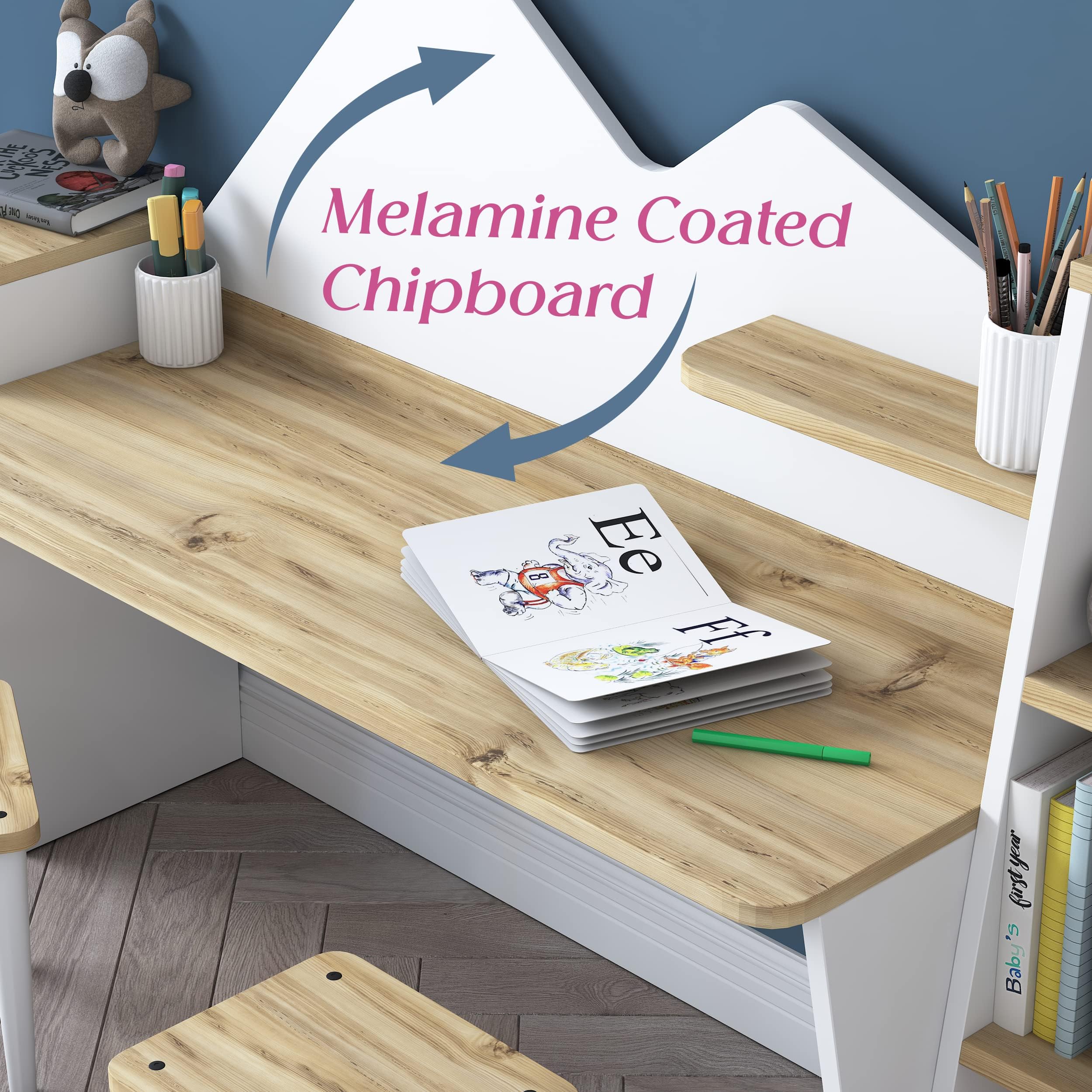 LAWA FURNITURE Kid's Study Desk with Bookshelf + 2 Stools for Ages 3-8, Wooden Children Activity Table with Hutch and Shelves, Kids Bedroom Study Desk with Storage