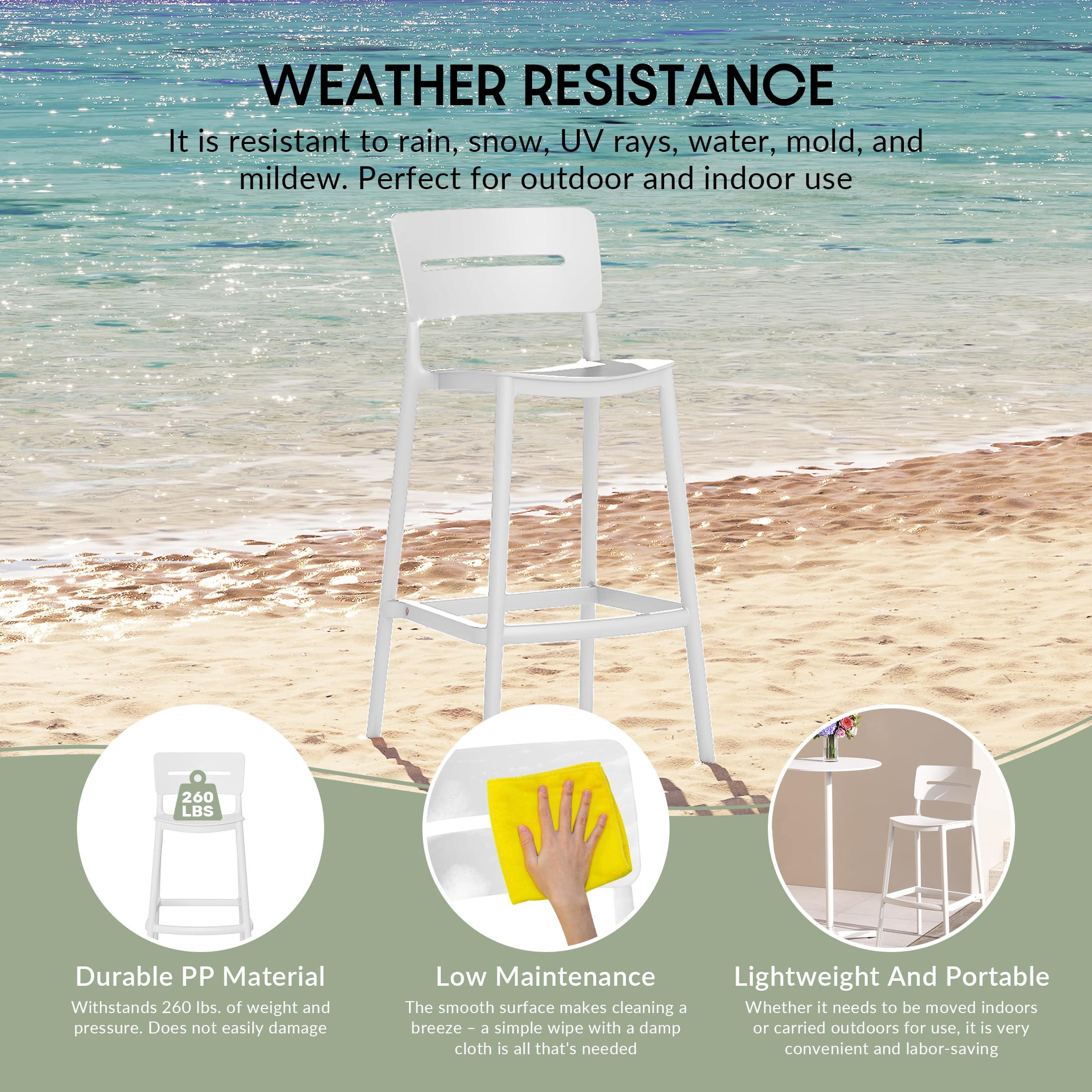 Stackable Polypropylene Outdoor Patio Bar Stools Set of 2
