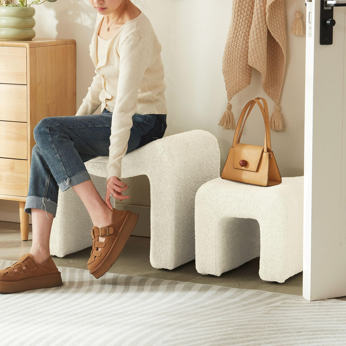 Small Footstool Ottoman Vanity Stool Set White Teddy Velvet 2-in-1