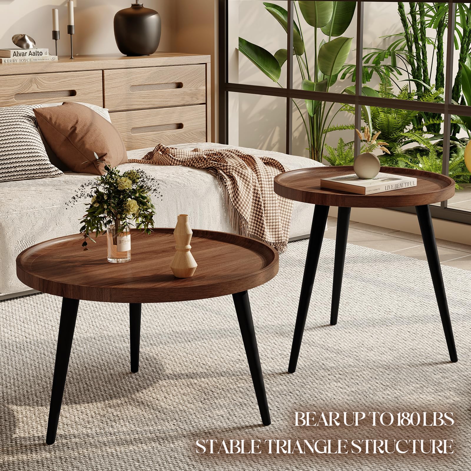 2-Piece Round Nesting Coffee Table Set - Mid Century Modern Walnut