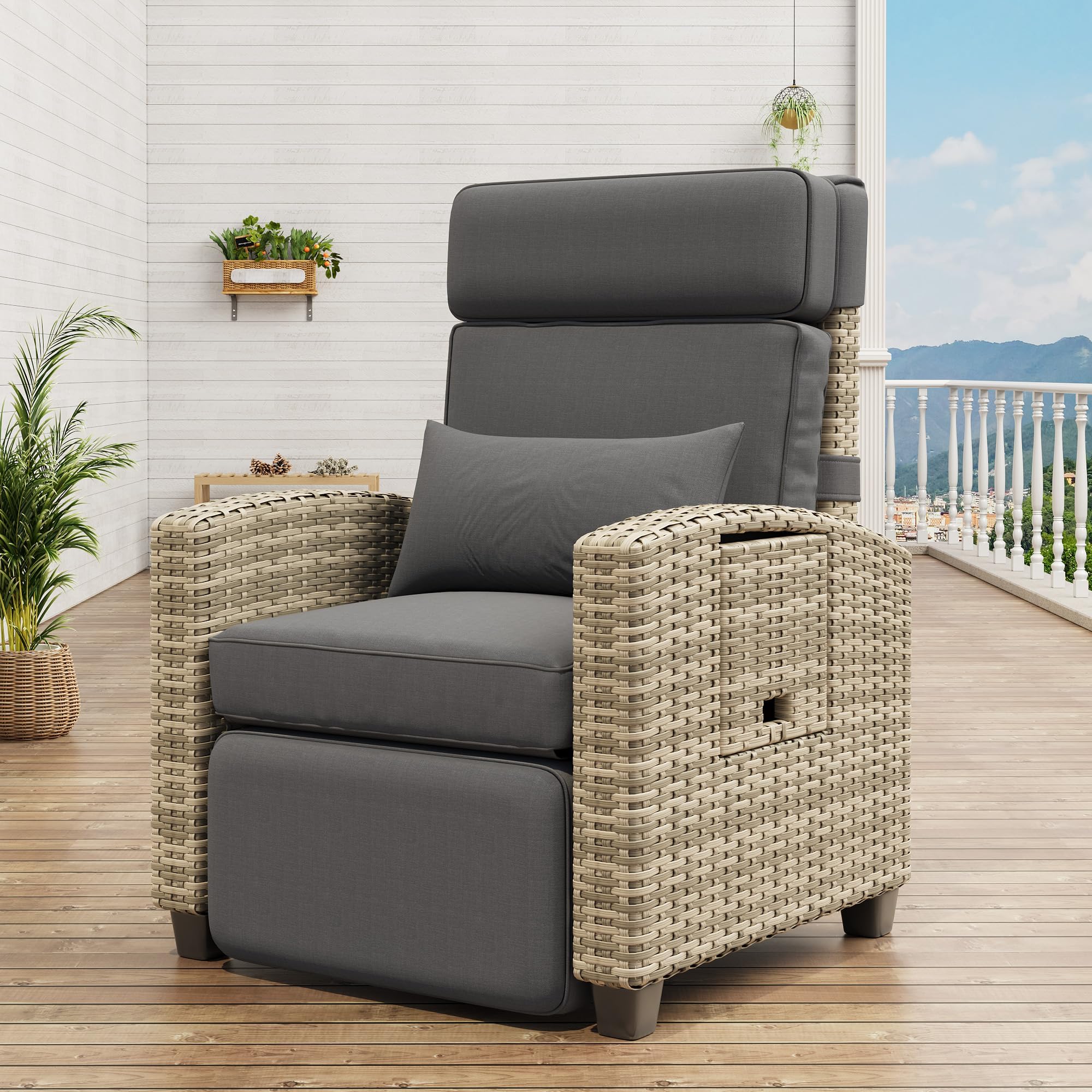 Outdoor Wicker Recliner Chair with Adjustable Backrest and Footrest
