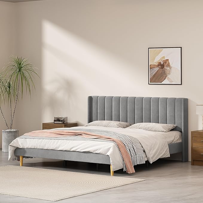 Pink Full Size Upholstered Platform Bed Frame with Wingback Headboard
