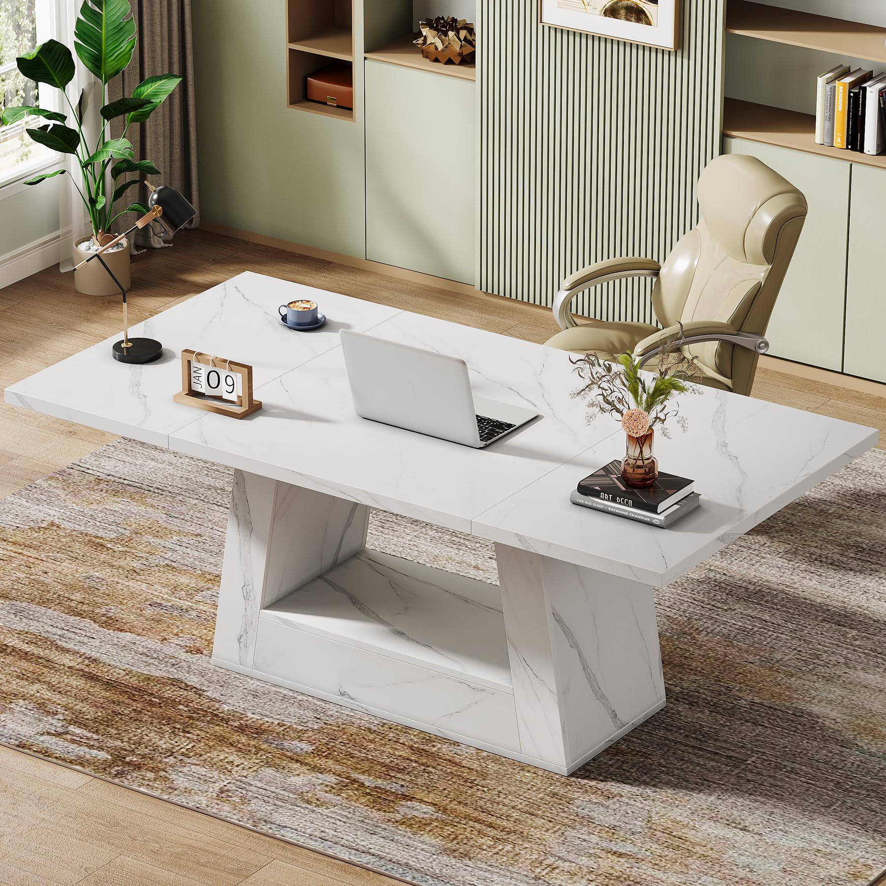 63-Inch Modern Computer Desk with Faux Marble Top