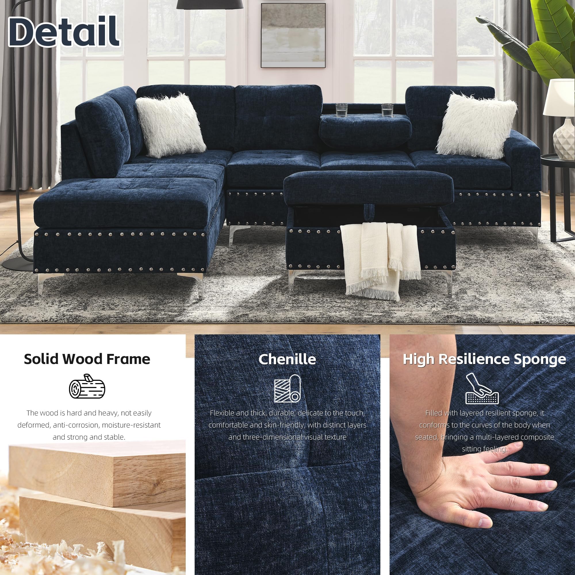 L-Shape Sectional Sofa with Reversible Chaise and Storage Ottoman