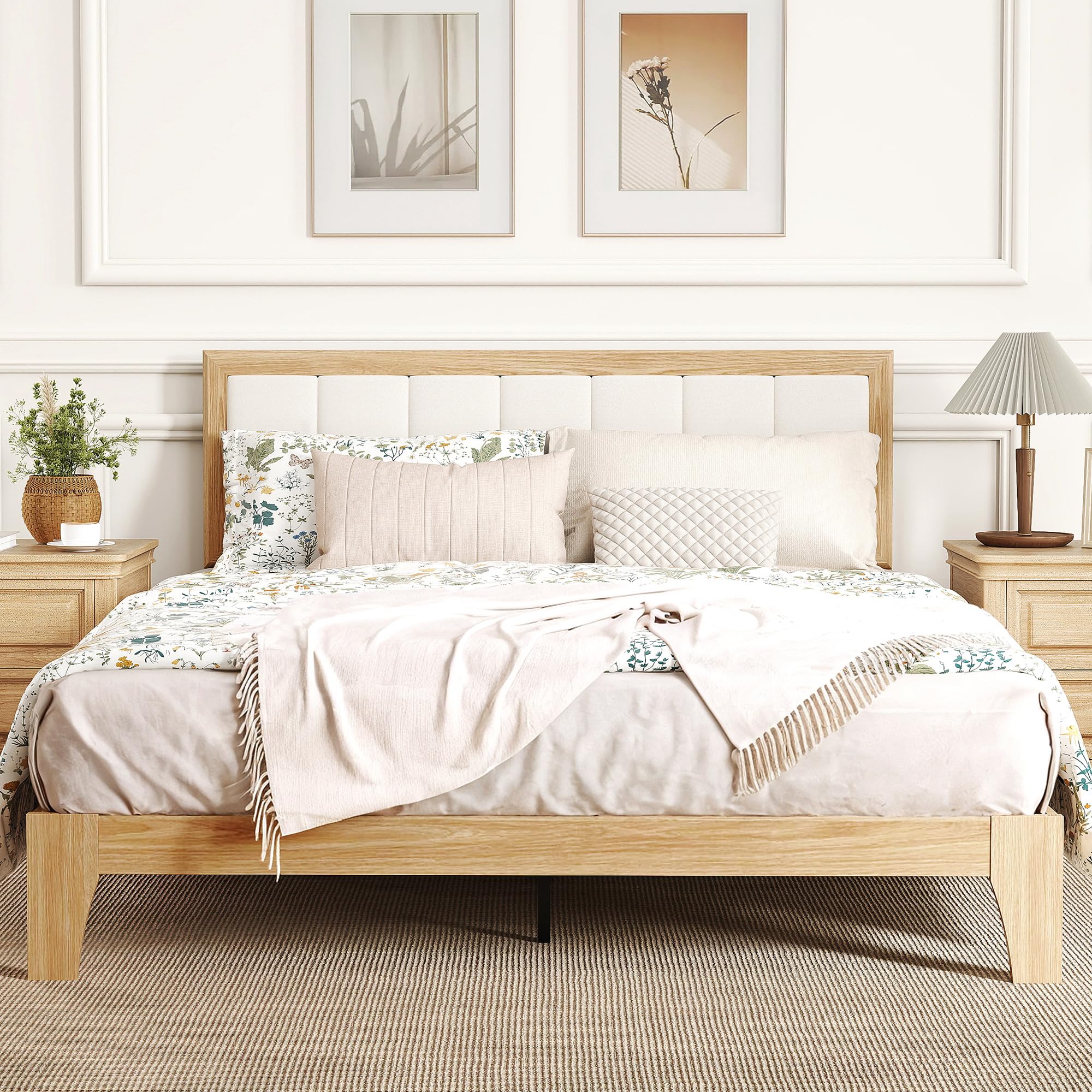 Queen Size Platform Bed Frame with Upholstered Headboard