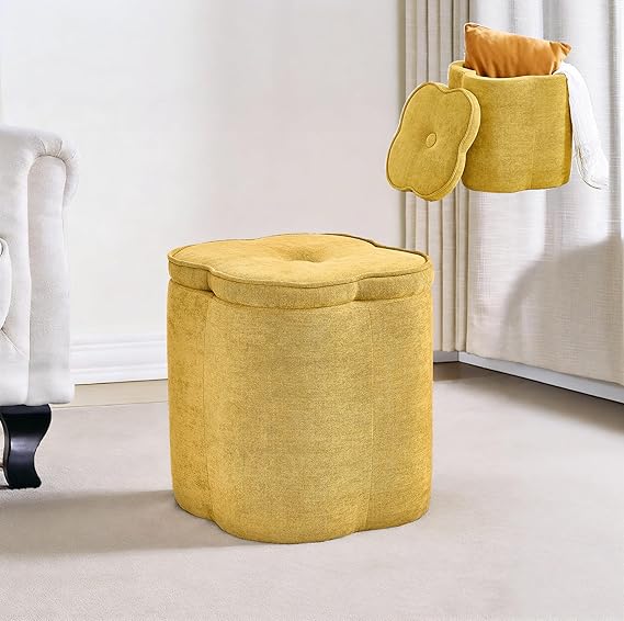 Pink Flower Storage Ottoman with Chenille Fabric