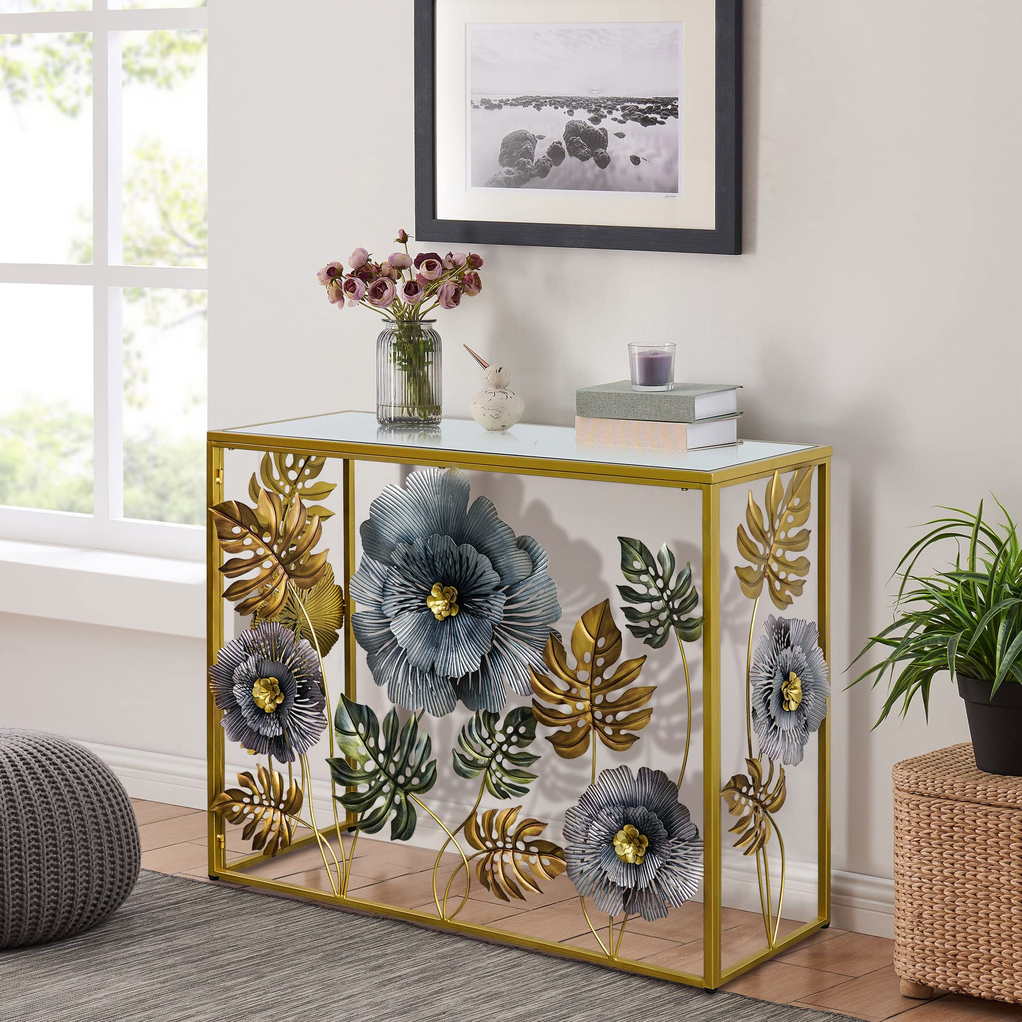 Vintage Art Console Table with Metal Flower Decor and Glass Mirror Tabletop