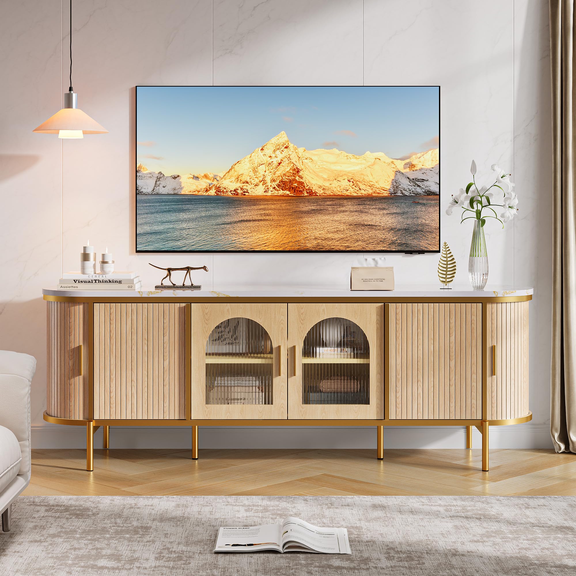 70" Fluted TV Stand with Reeded Glass Door