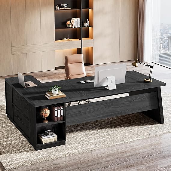 78" L-Shaped Executive Desk with Drawers and Storage Shelves