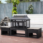 70 Inch Rectangular Outdoor Steel Woodburning Fireplace with Side Tables