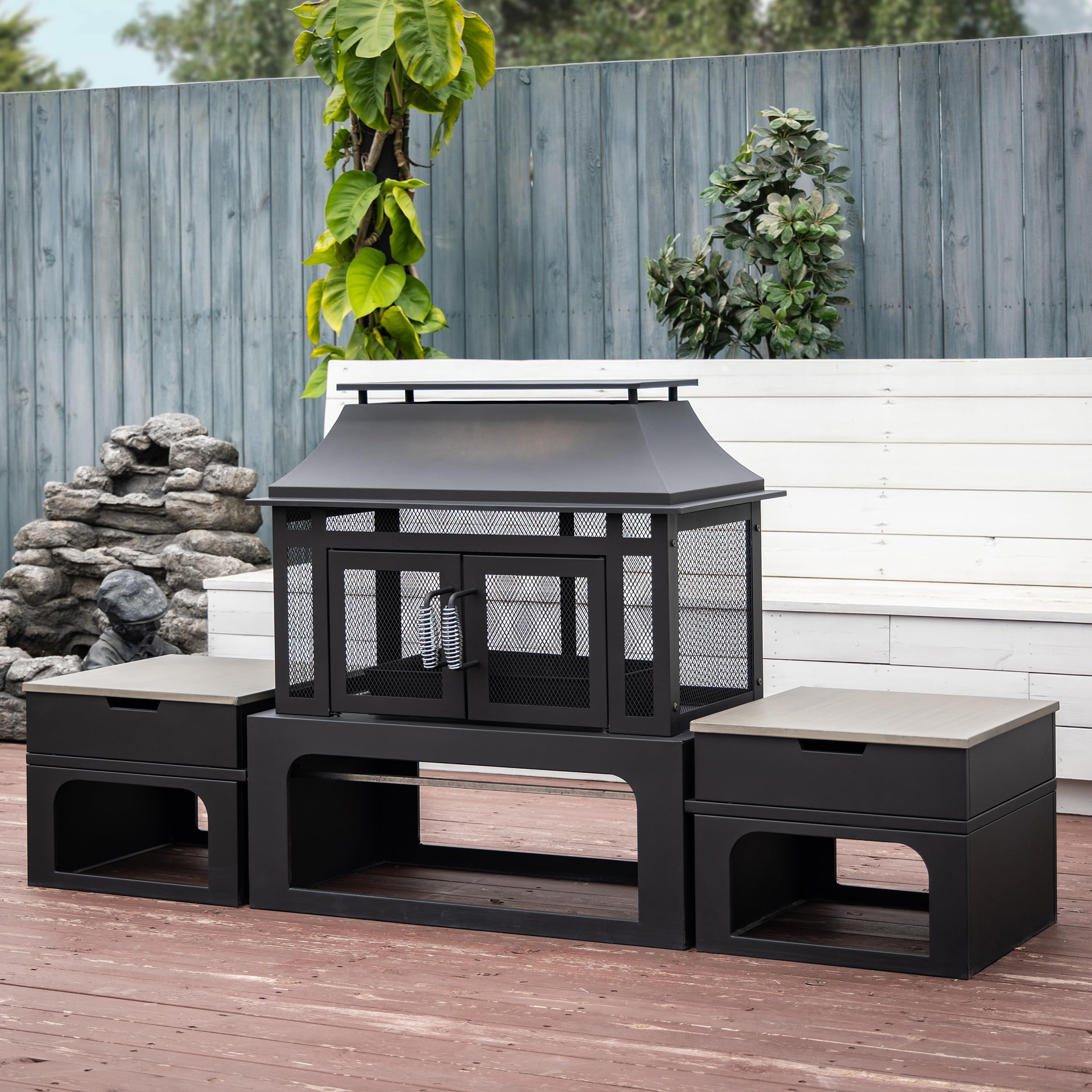 70 Inch Rectangular Outdoor Fireplace with Side Tables