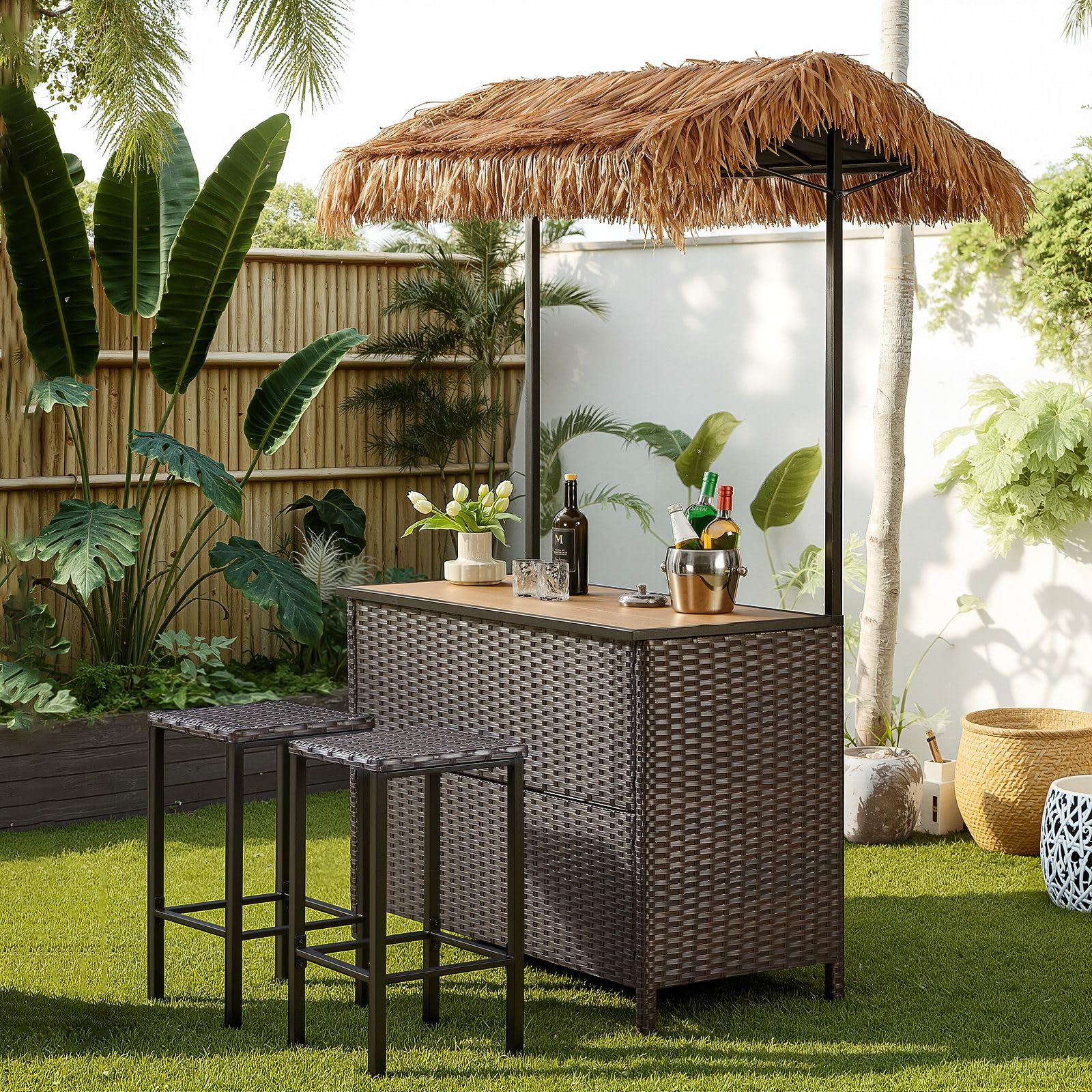 Outdoor Tiki Bar Set with Palapa Top - 3 Piece Wicker Patio Set