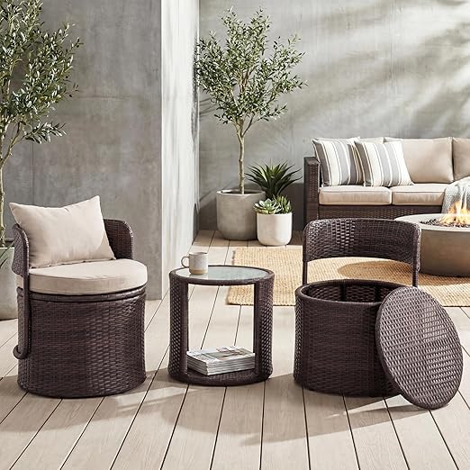 3-Piece Wicker Patio Bistro Set with Storage