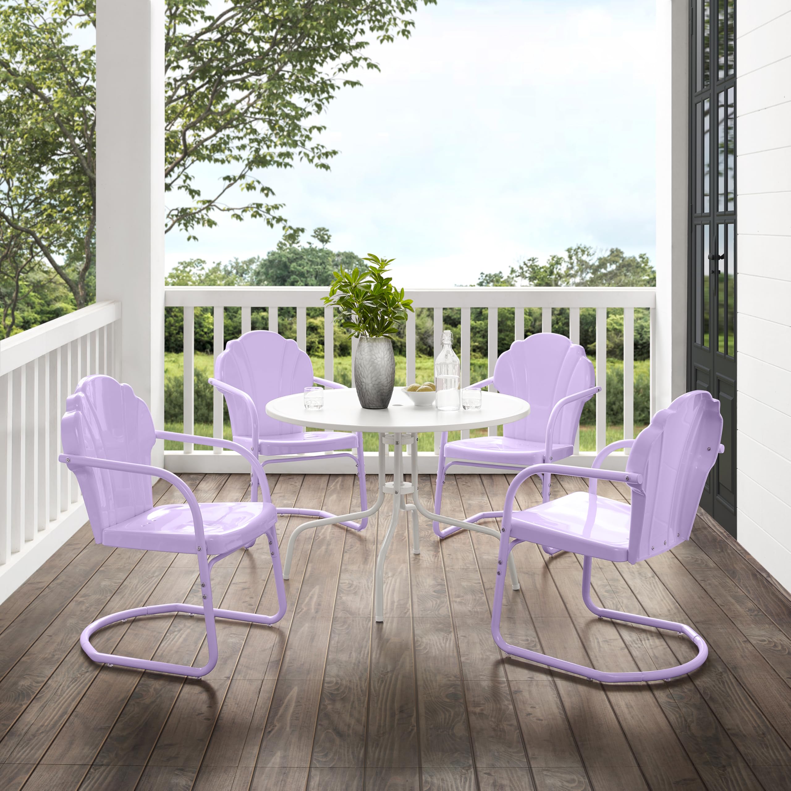 Crosley Furniture Tulip 5-Piece Outdoor Dining Set for 4, Vintage Retro Metal Round Patio Table and Chairs, Lavender Gloss/White Satin