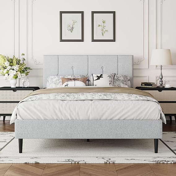 Full Size Pink Upholstered Platform Bed Frame