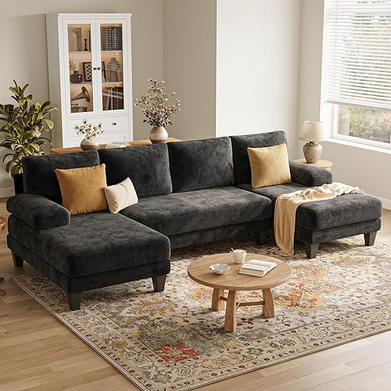 U-Shaped Sectional Couch 112 Inch Dark Grey Chenille Sofa with Double Chaise