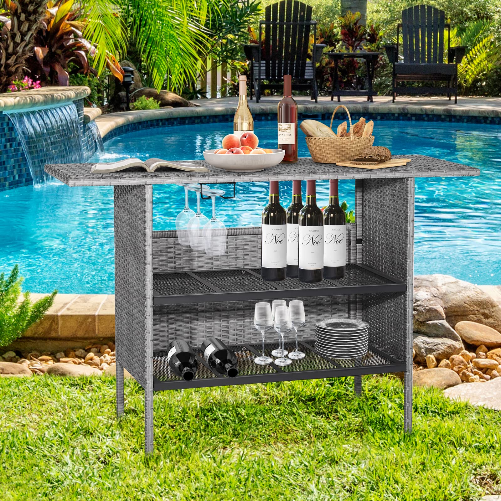Outdoor Wicker Bar Table with Storage