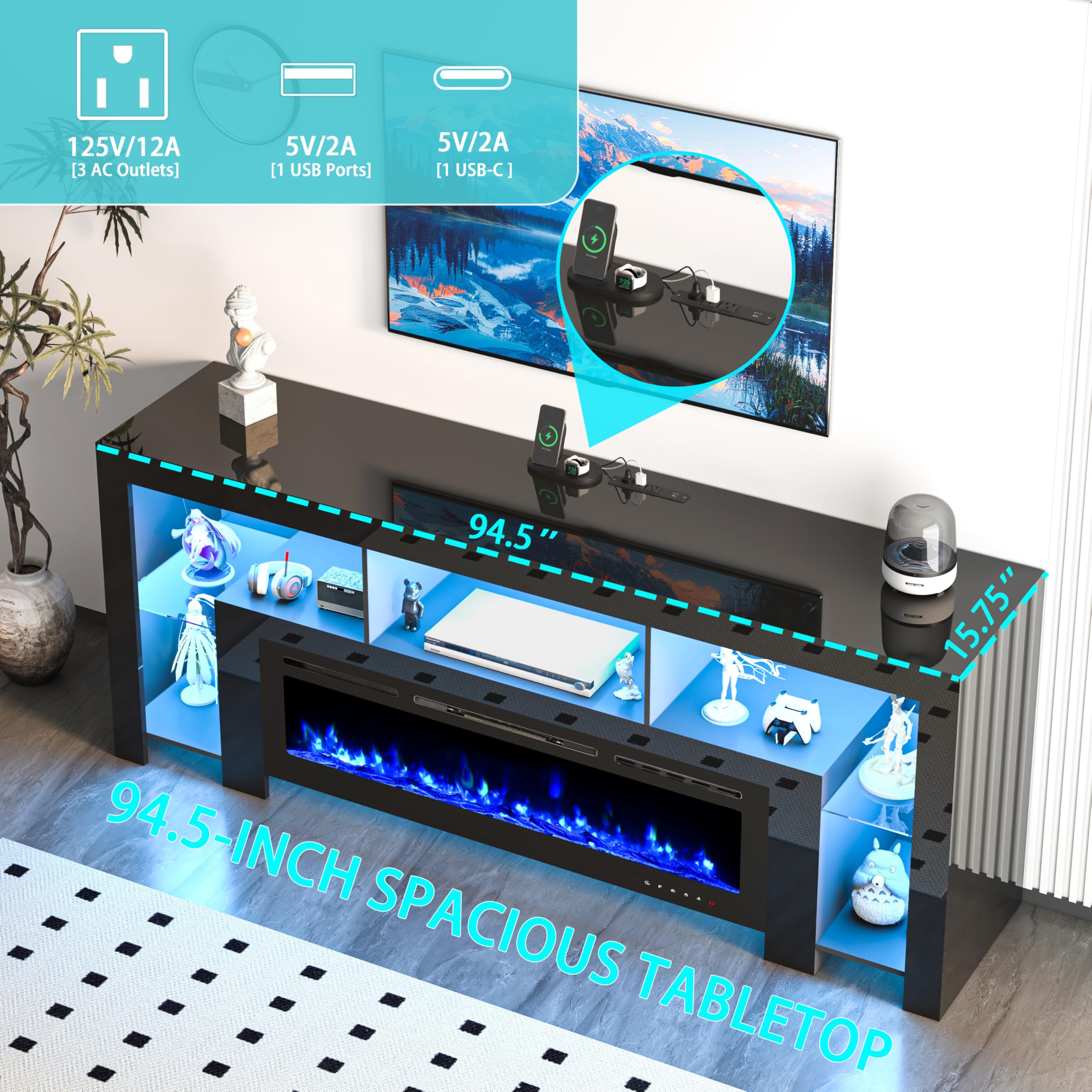 94.5" Fireplace TV Stand with 50" Electric Fireplace and LED Lighting