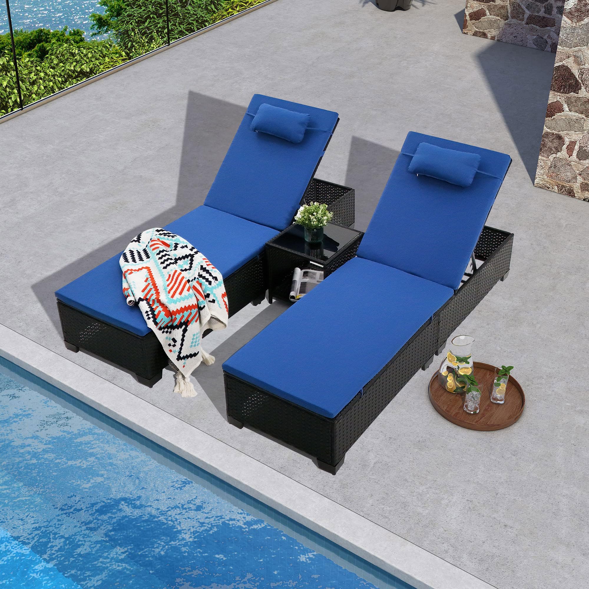 iArtHand 3 PCS Patio Chaise Lounge with Coffee Table Cushion&Pillow Outdoor Lounge Chair Chaise Lounger Patio Reclining Chair 5 Angle Adjustment Black PE Rattan for Courtyards Poolside (Navy)