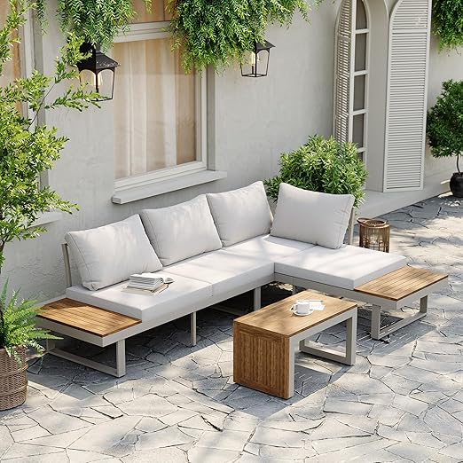 4-Seater Outdoor Teak Sectional Sofa Set with Cushions