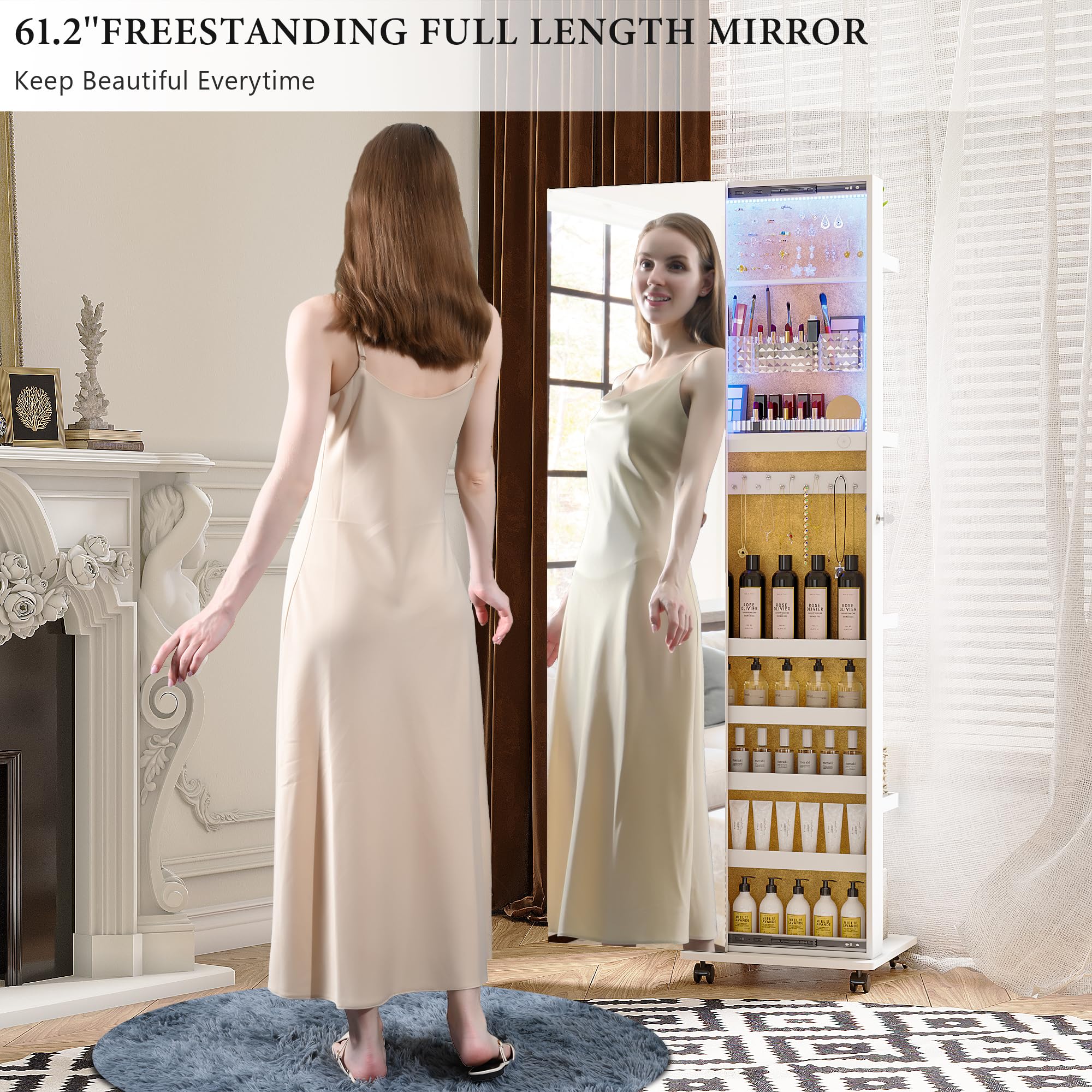 360° Rotating LED Jewelry Armoire with Full Length Mirror