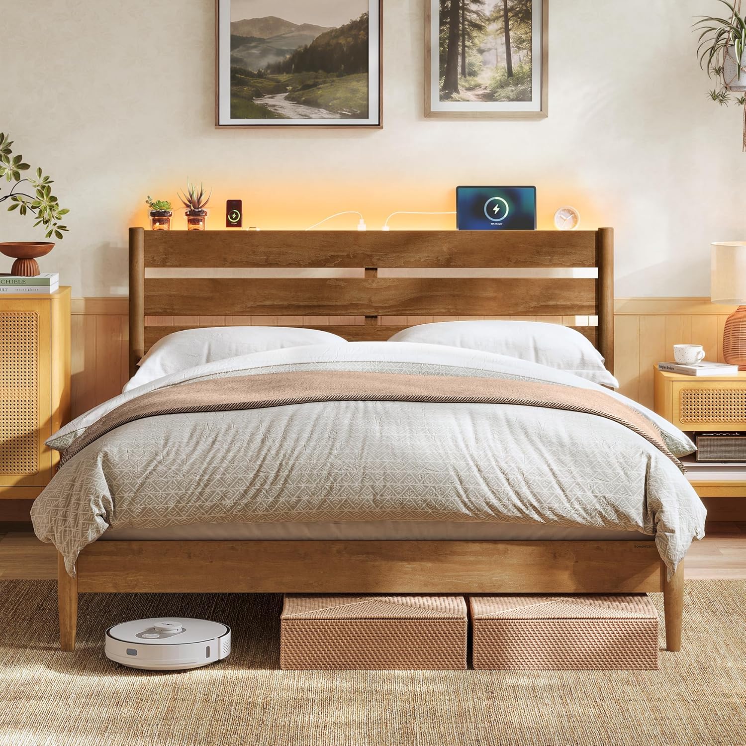 Full Bed Frame with Headboard, LED Lights & Charging Station