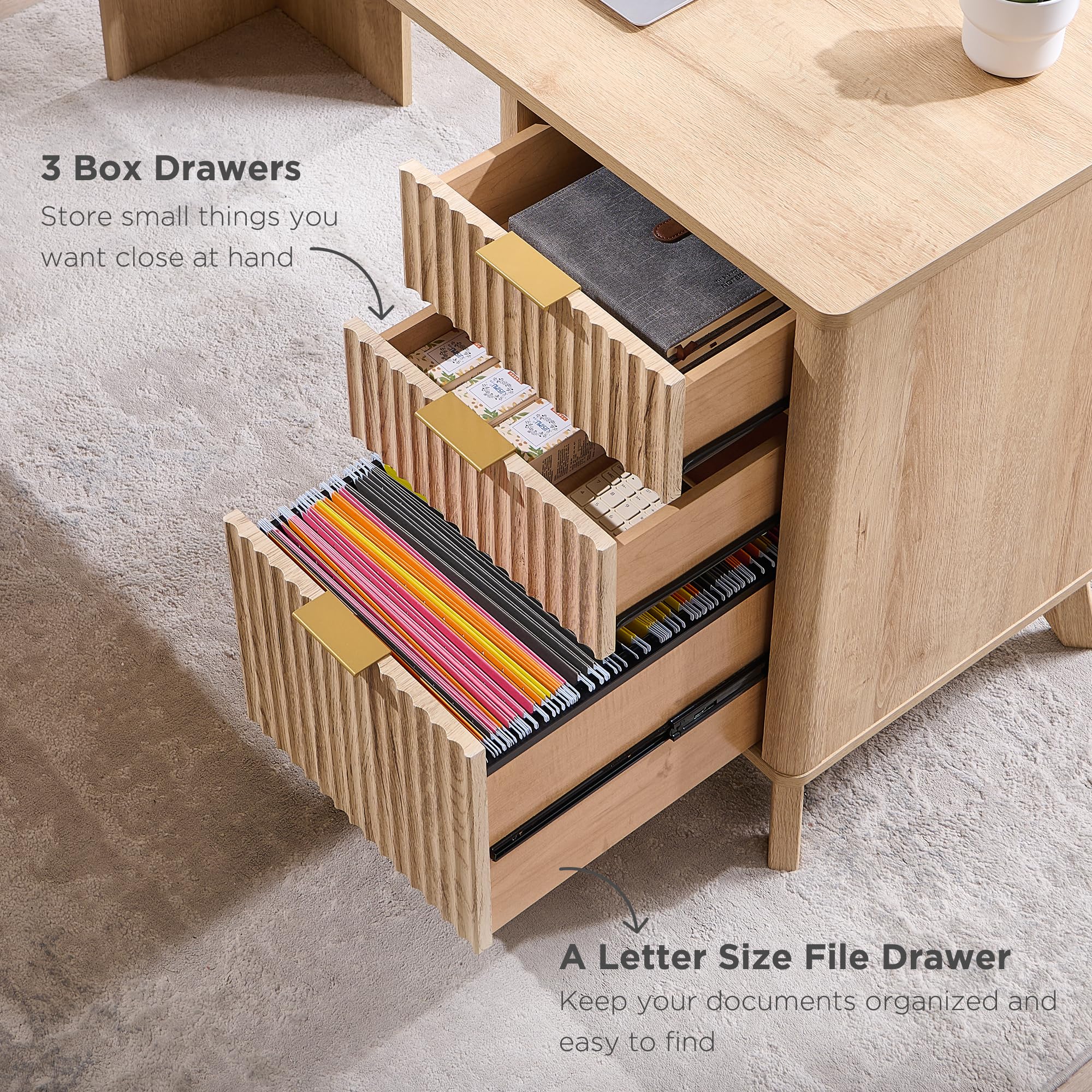 L-Shaped Executive Desk with Charging Station - 60 Inch Natural Oak