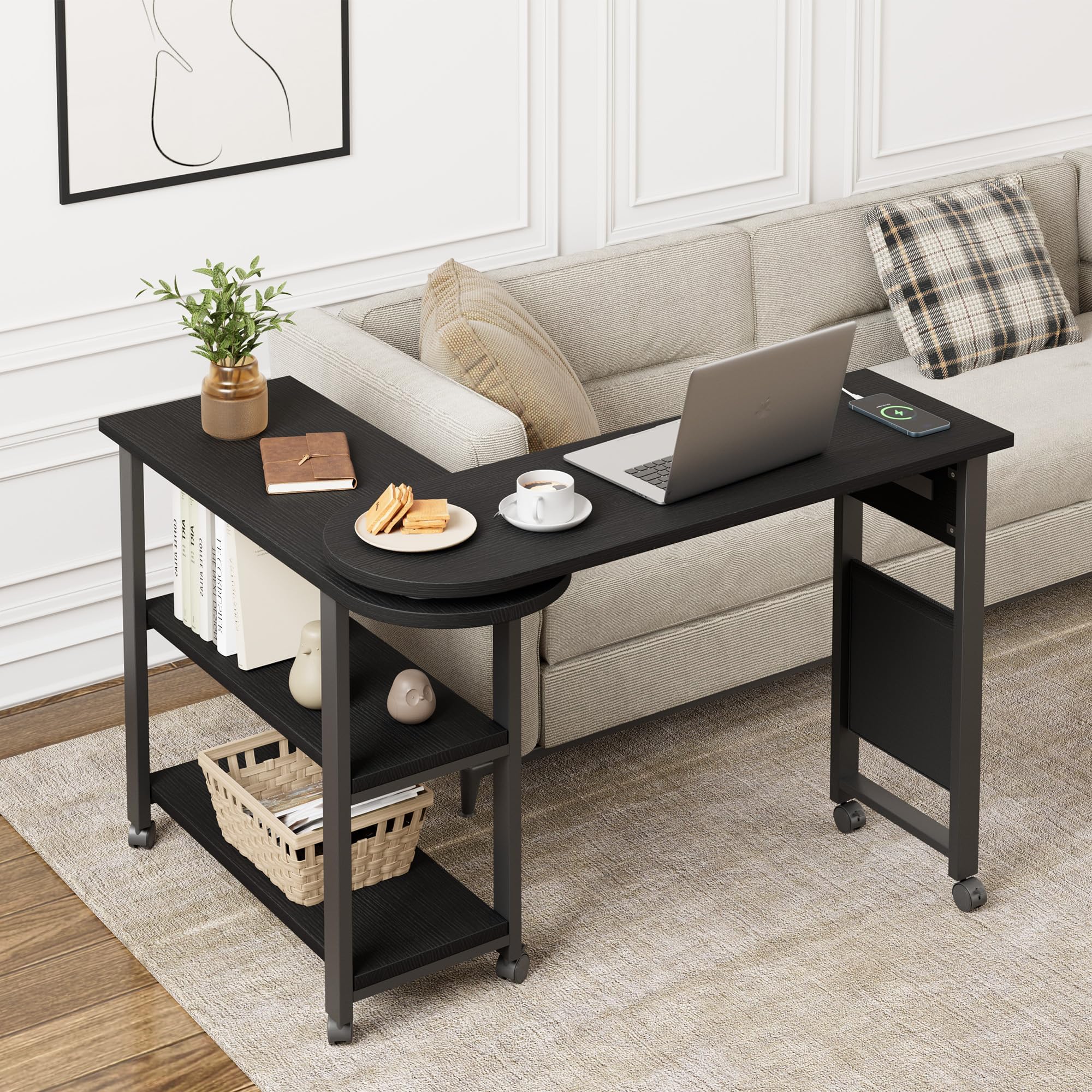 360° Rotating Sofa Side Table with Charging Station