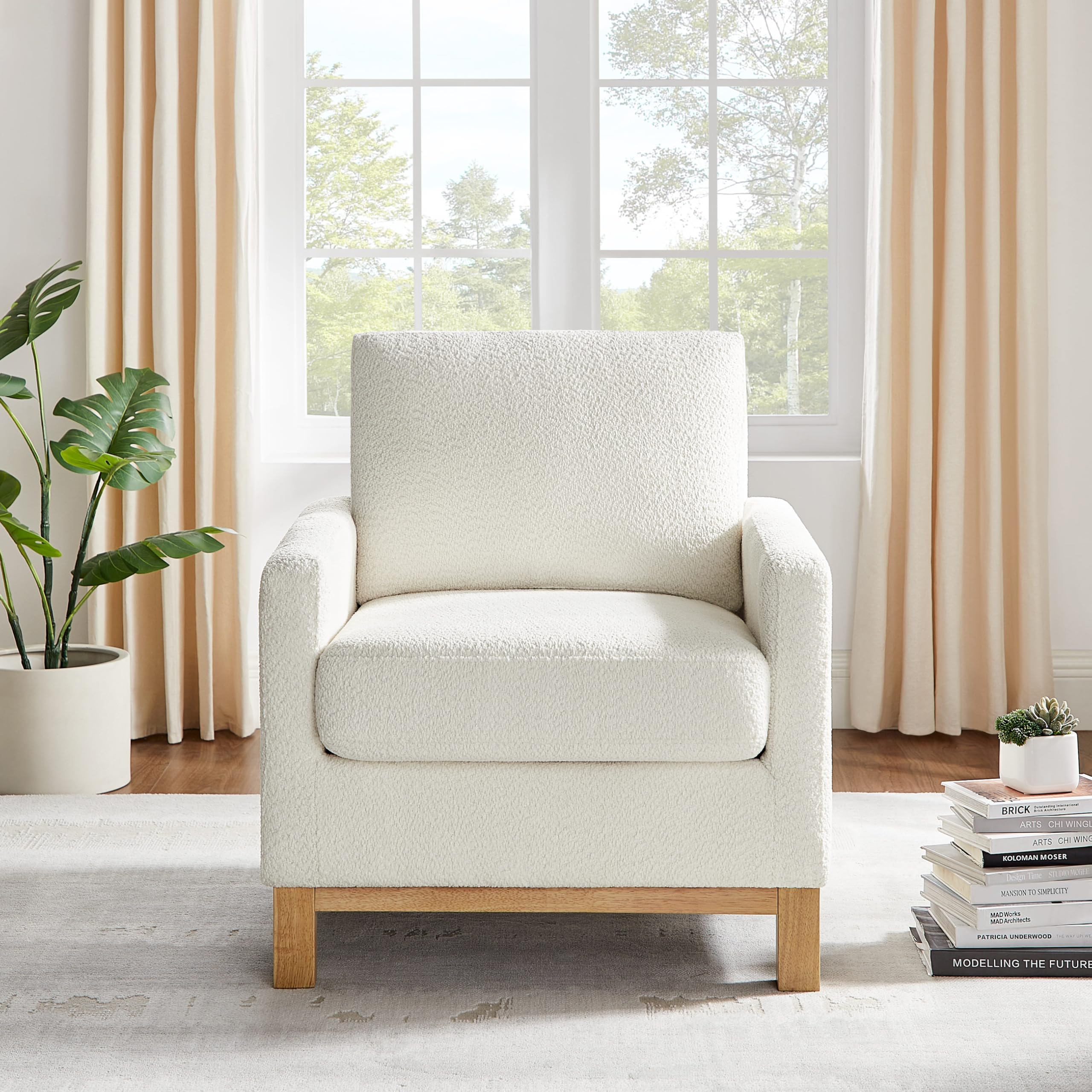 VANOMi Accent Chair 29.5" Reading Chair, Modern Living Room Chair with Thick Cushion&Wood Base, Comfy Upholstered Boucle Armchair, Single Sofa for Bedroom, Office, White