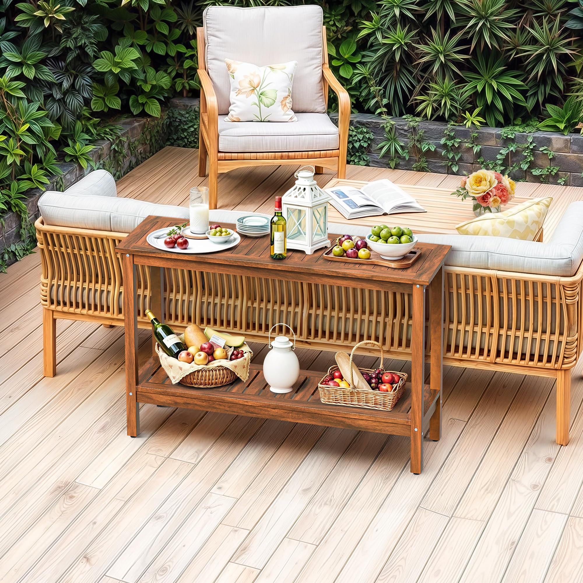 Outdoor Solid Wood Console Table 48" 2-Shelf Natural