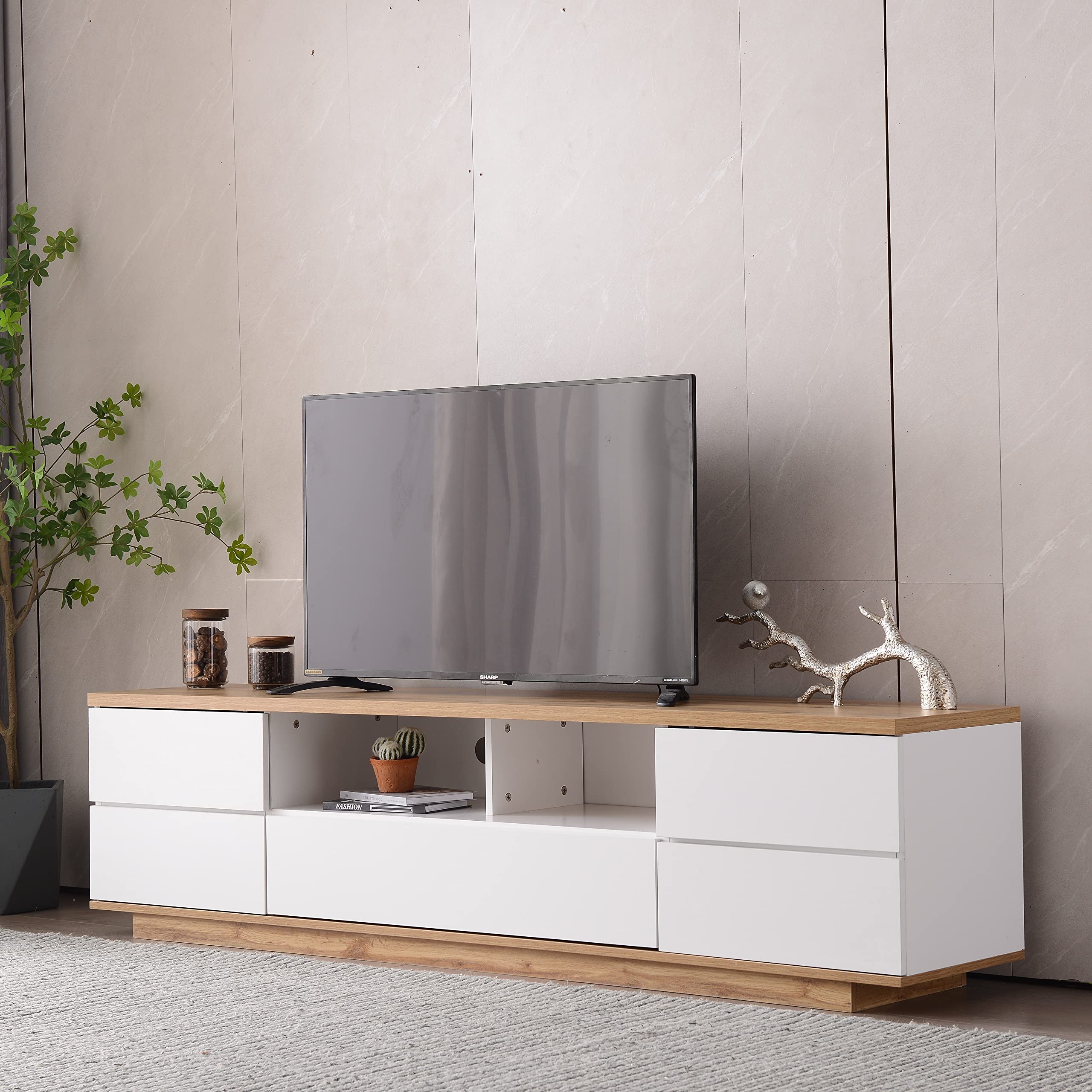Modern Television Stand with 6 Cabinets & 2 Open Storage Spaces