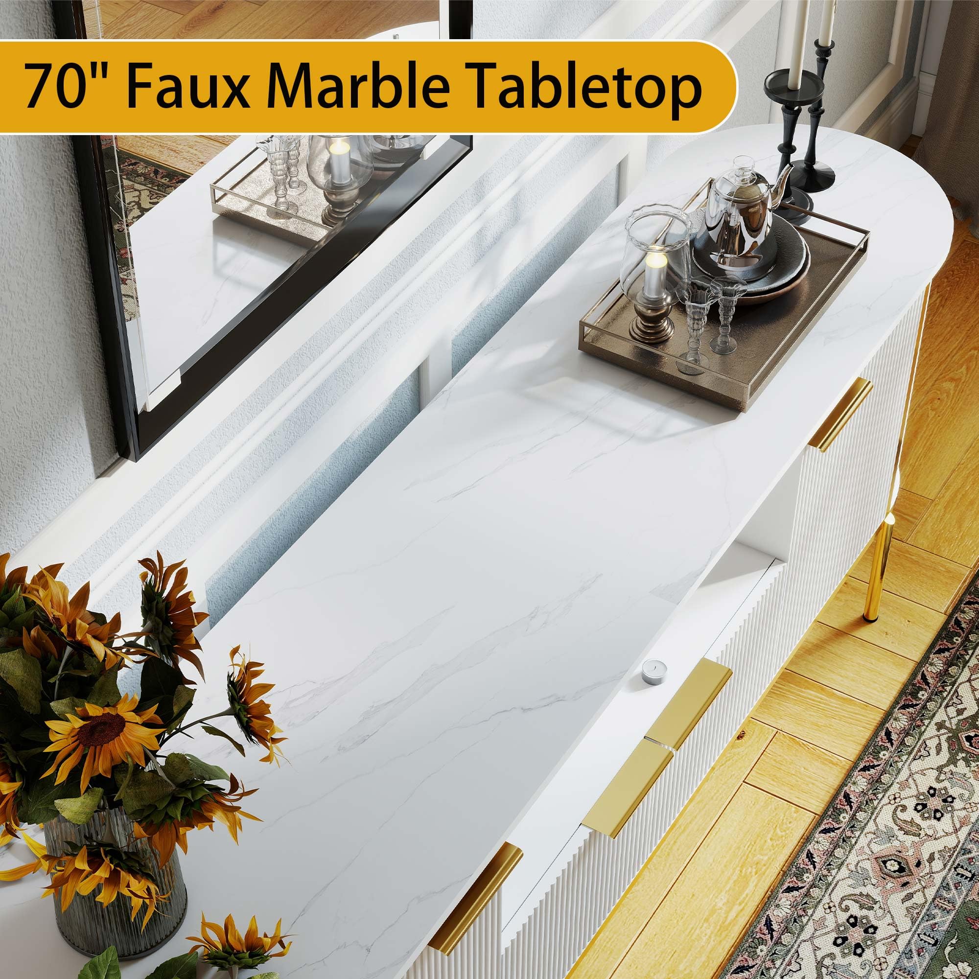 70" White Fluted TV Stand with Storage for TVs Up to 80"