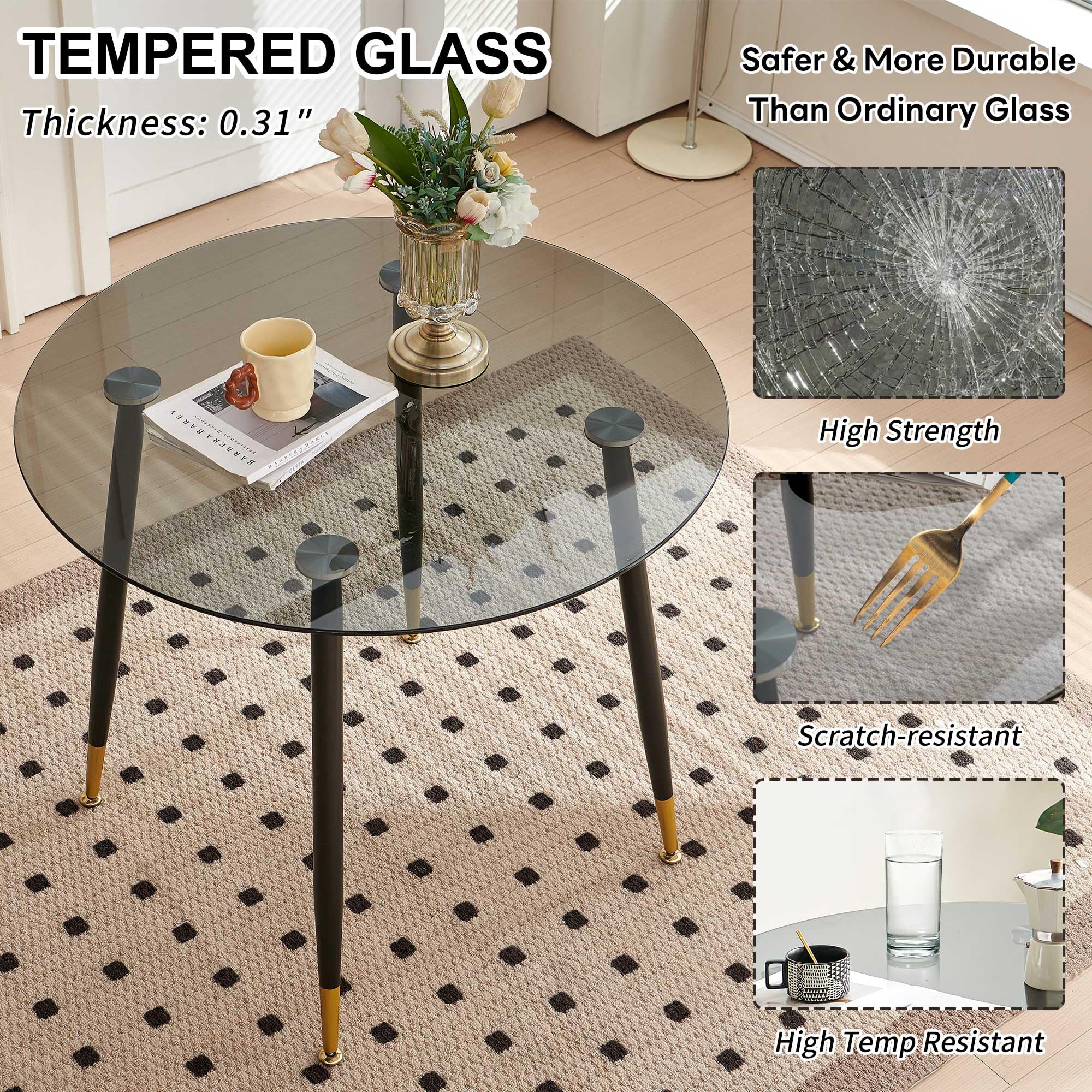 Tempered Glass Round Dining Table Set with 4 Green Velvet Chairs