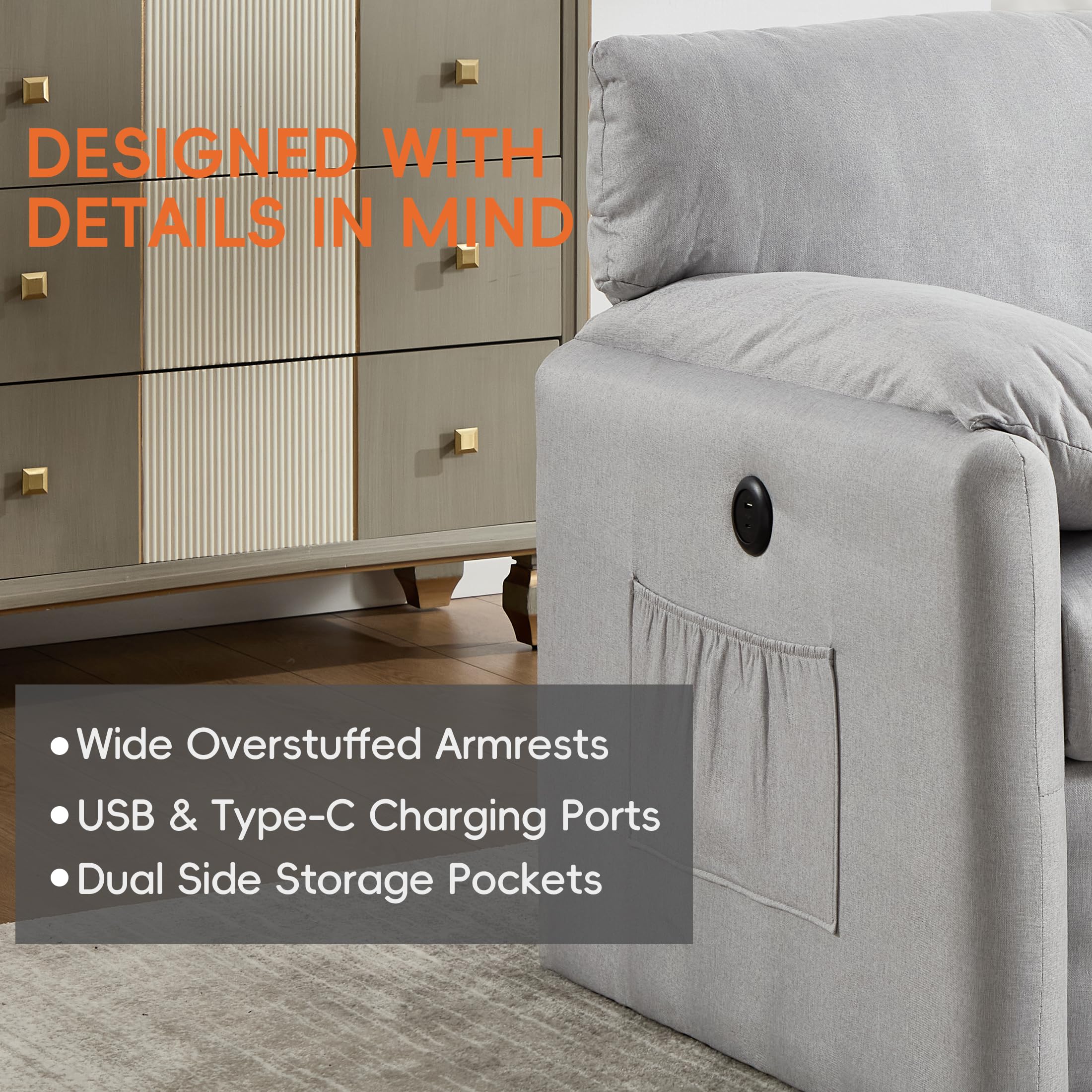 Oversized Accent Chair with USB Ports and Side Pockets