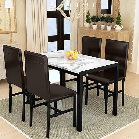 4-Piece Faux Marble Dining Table Set with PU Leather Chairs