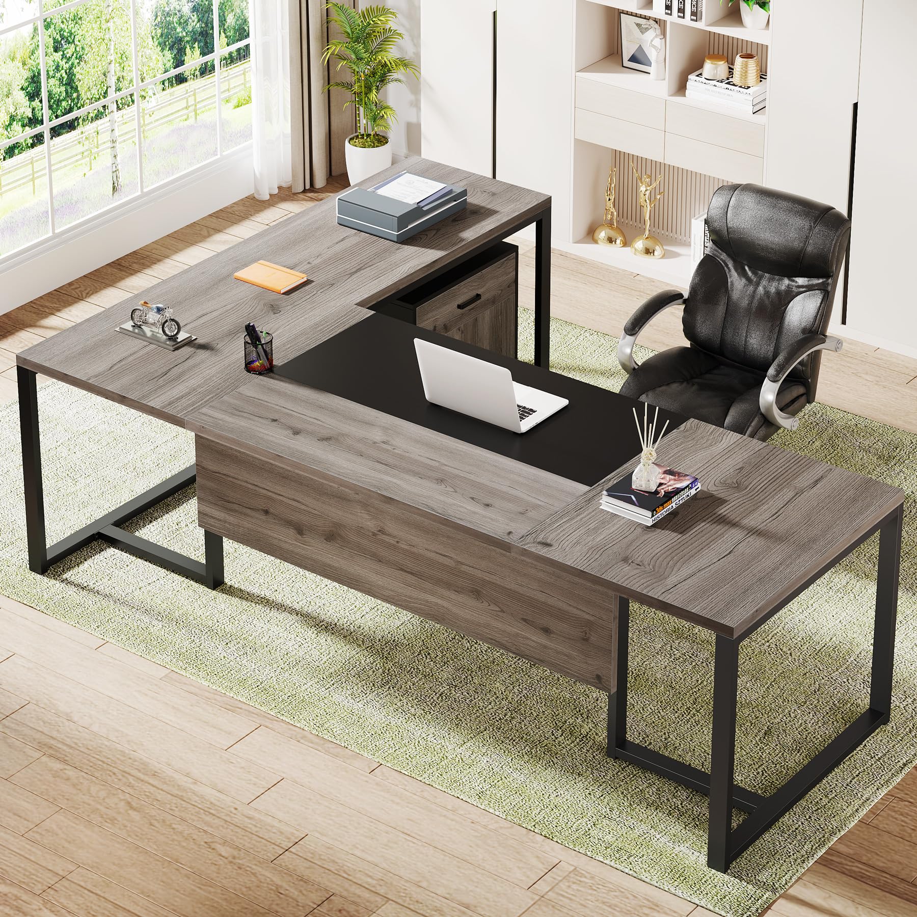 70.8" L-Shaped Executive Desk with Drawer Cabinet