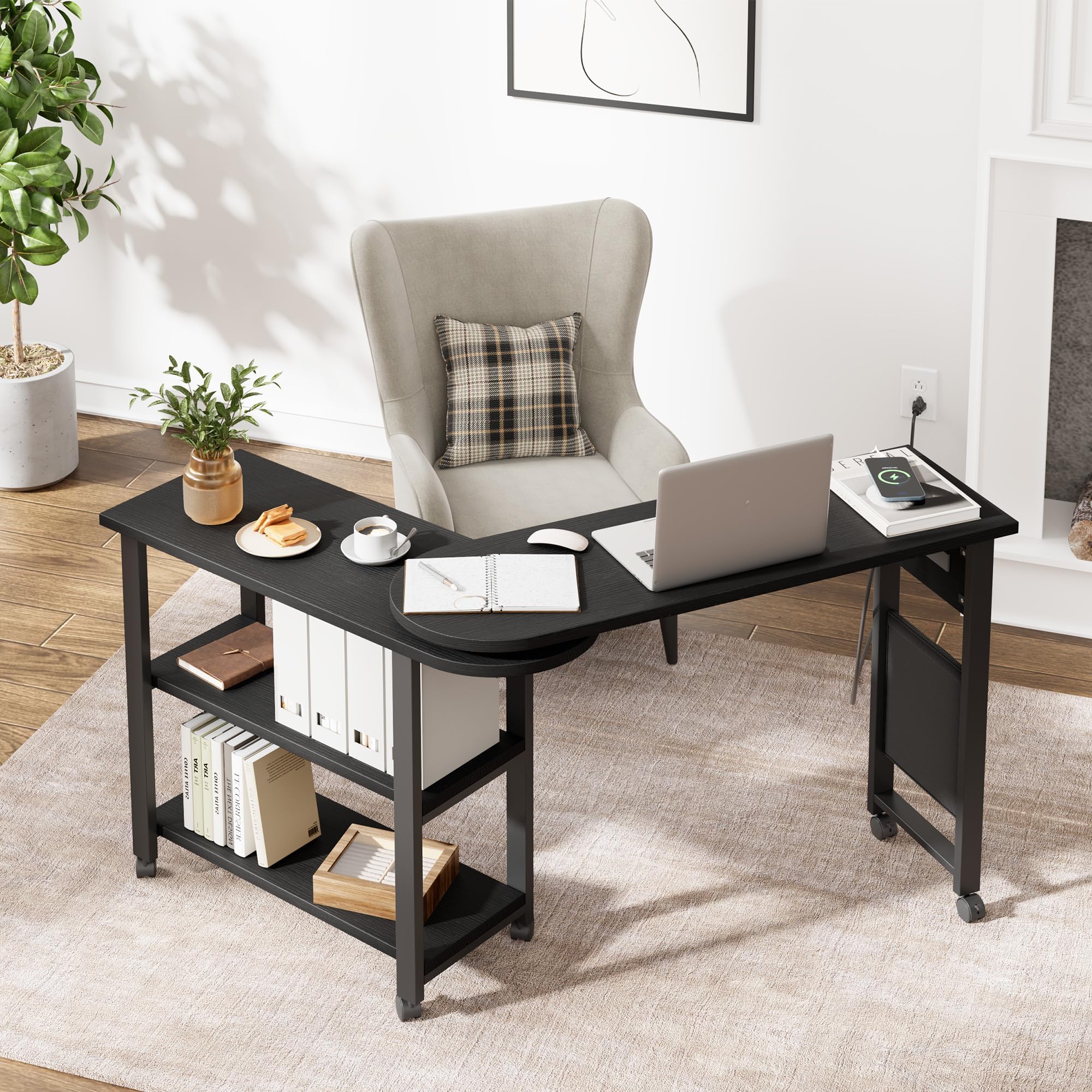 360° Rotating Sofa Side Table with Charging Station