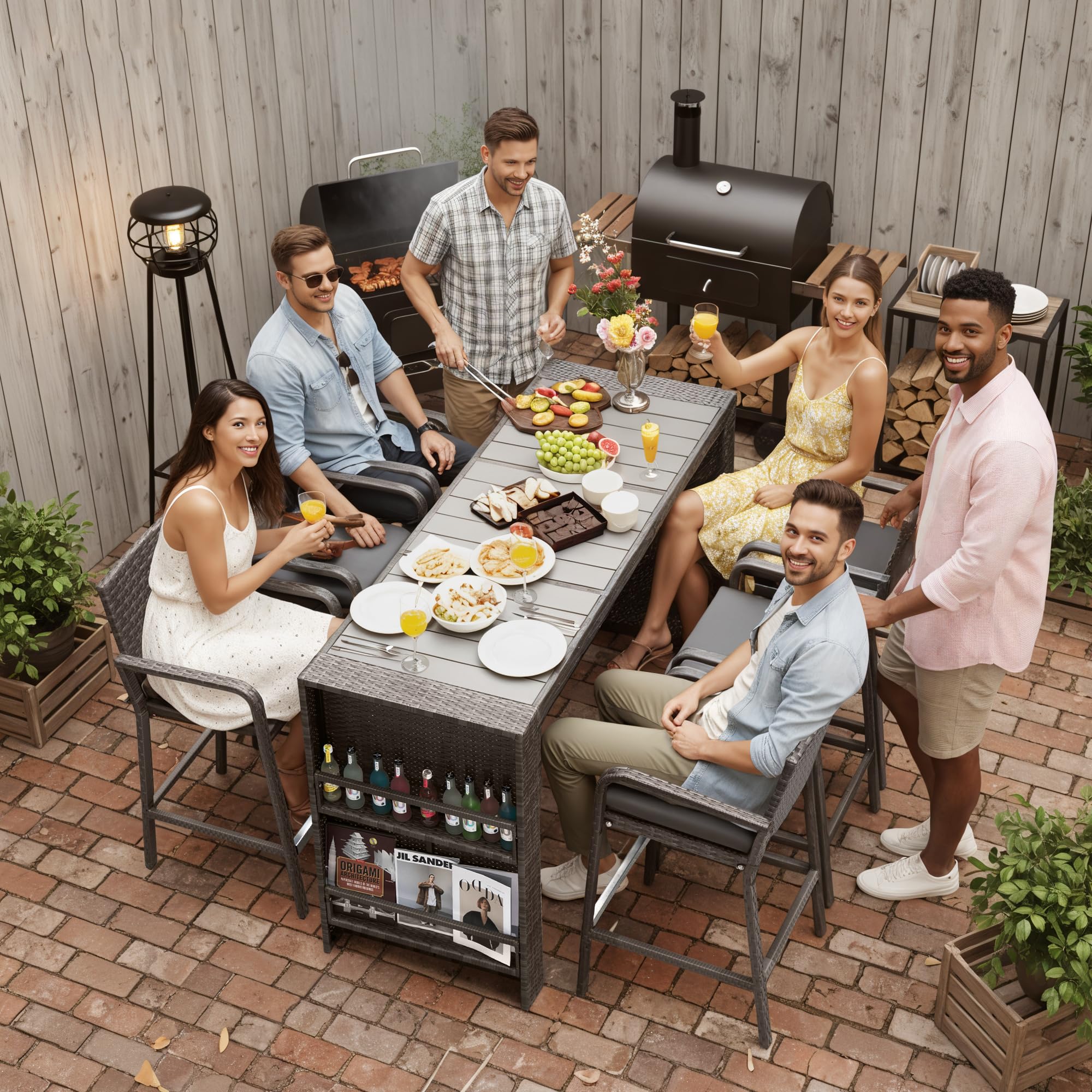7-Piece Wicker Patio Bar Set with Storage