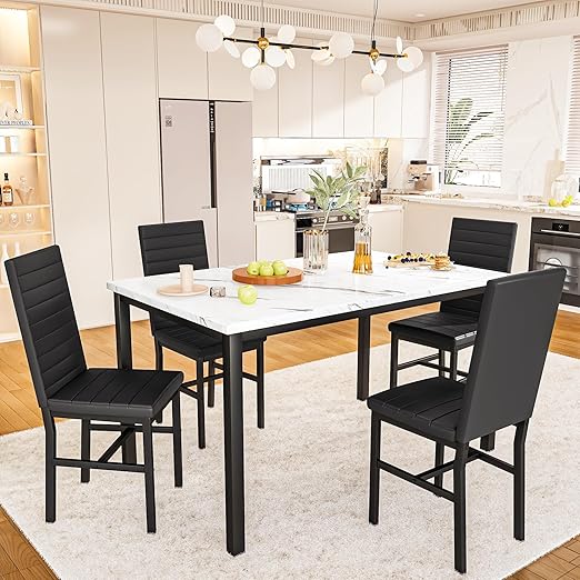 5-Piece Dining Table Set with Faux Marble Top and Velvet Chairs