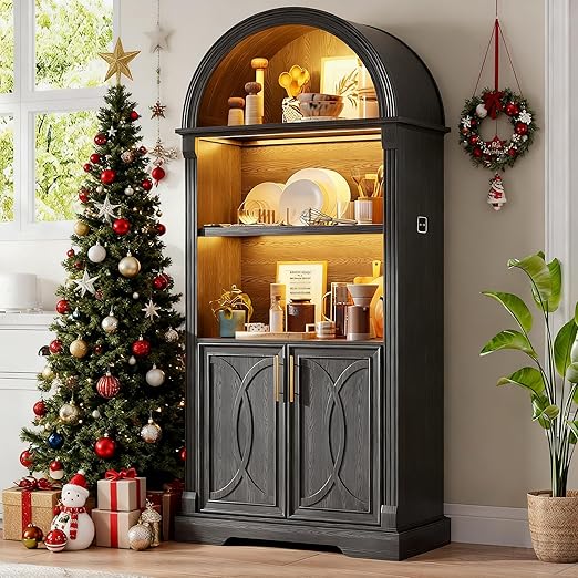 Arched Kitchen Pantry Cabinet with LED Light